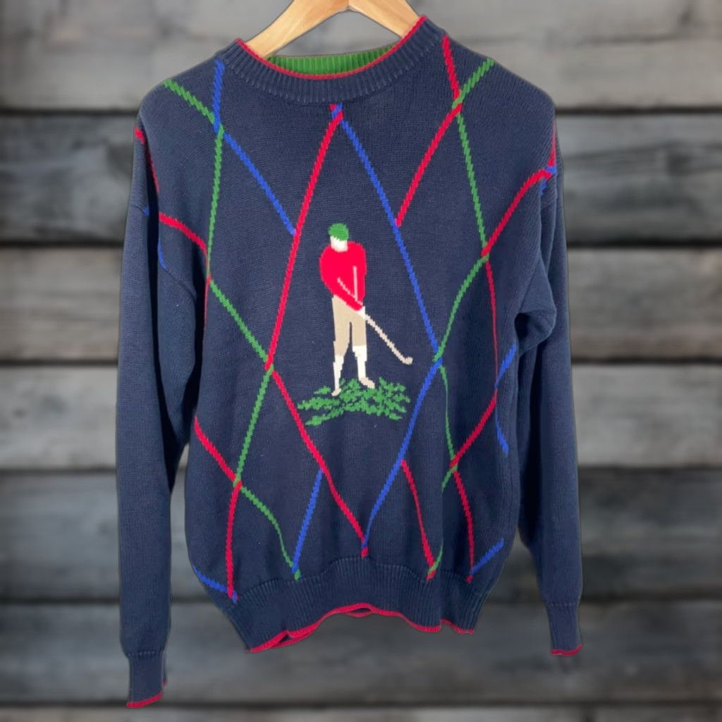 Jantzen VINTAGE Jantzen Sweater Diamond Pattern Knitted Crew Neck Men Large Blue 90s Golf Motif Heavyweight Pullover Knit Cotton Casual Skinner Size US L / EU 52-54 / 3 - 1 Thumbnail