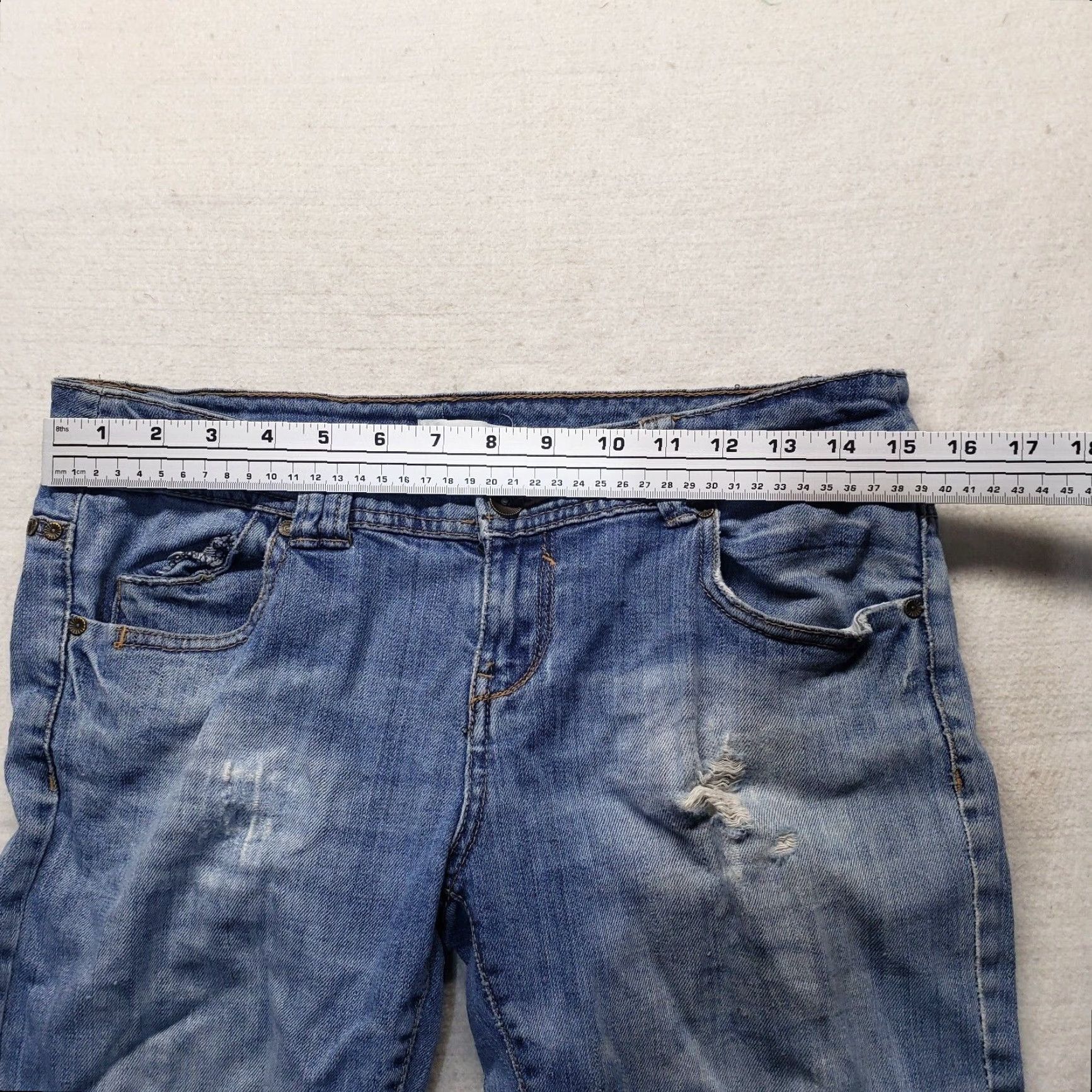 Denime Promod Jeans Adult Women Size 12 Blue Denim Distressed Stretch Low Rise 5-Pocket Straight Womens Size 34" / US 12 / IT 48 - 4 Thumbnail
