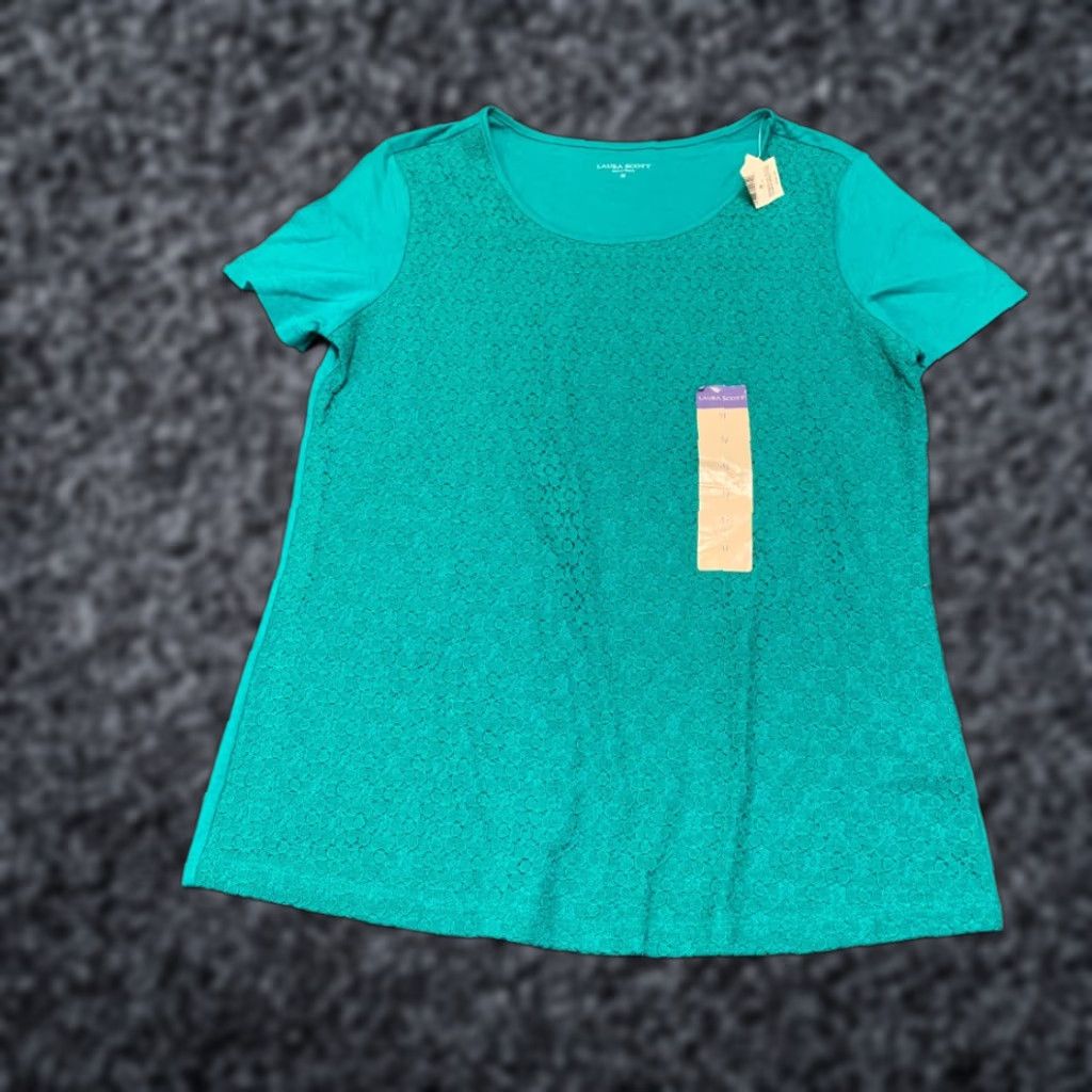 Vintage Laura Scott Missy Lace Front Tee Shirt Womens Medium Tropical Green Knit Cotton Shirt Womens Medium Tropical Green Lace Front Tee Shirt Size M / US 6-8 / IT 42-44 - 1 Thumbnail