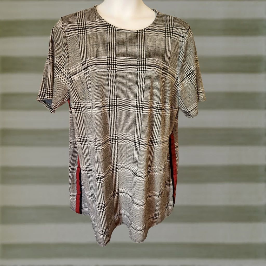 Vintage Ophelia Roe Shift Dress Plus Size 2X Gray Plaid Black Red Side Stripe Stretch Knit Size XXL / US 16-18 / IT 52-54 - 1 Thumbnail