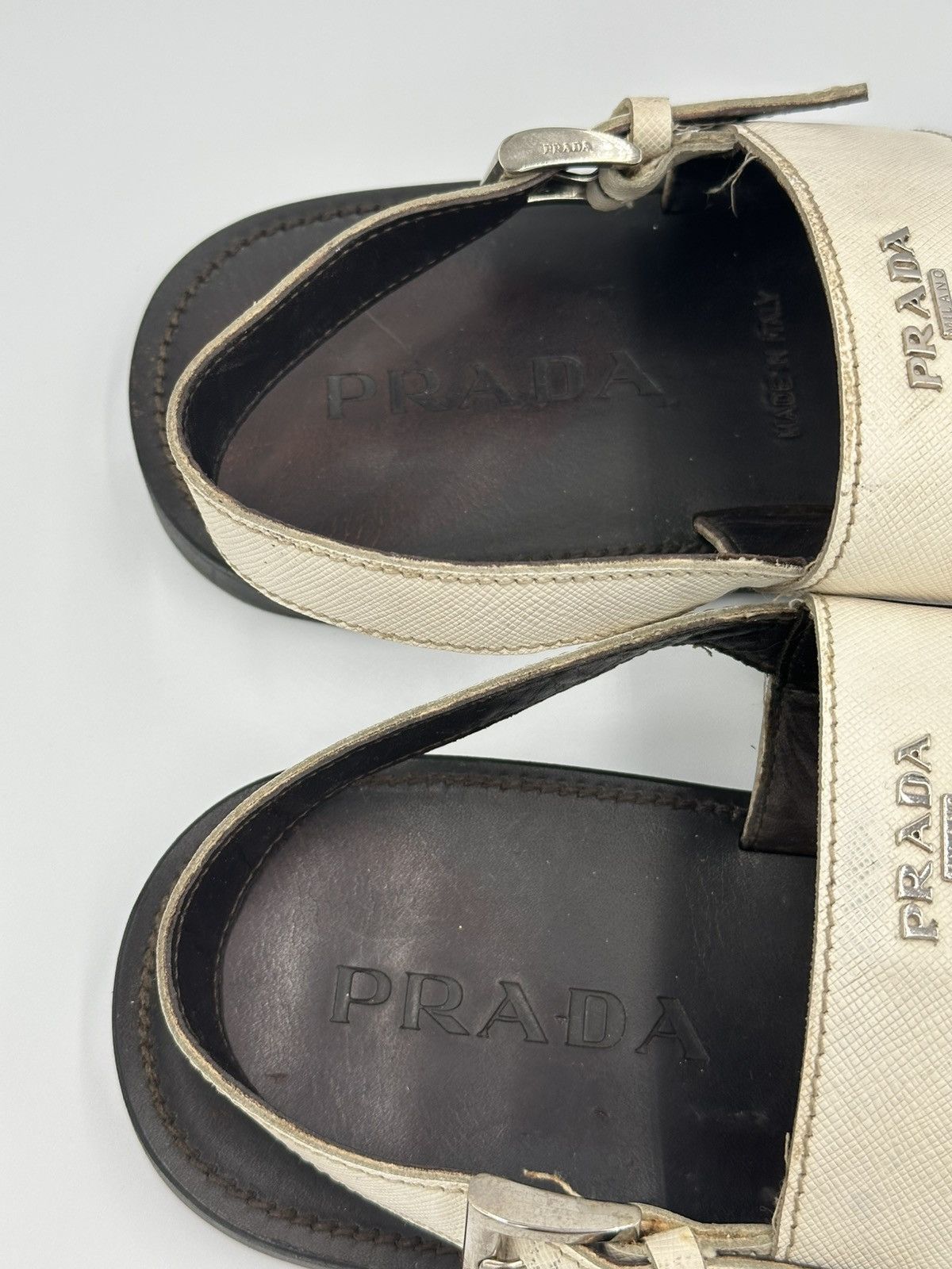 Prada Prada leather white sandals with metal logo Size US 7 / EU 40 - 8 Thumbnail