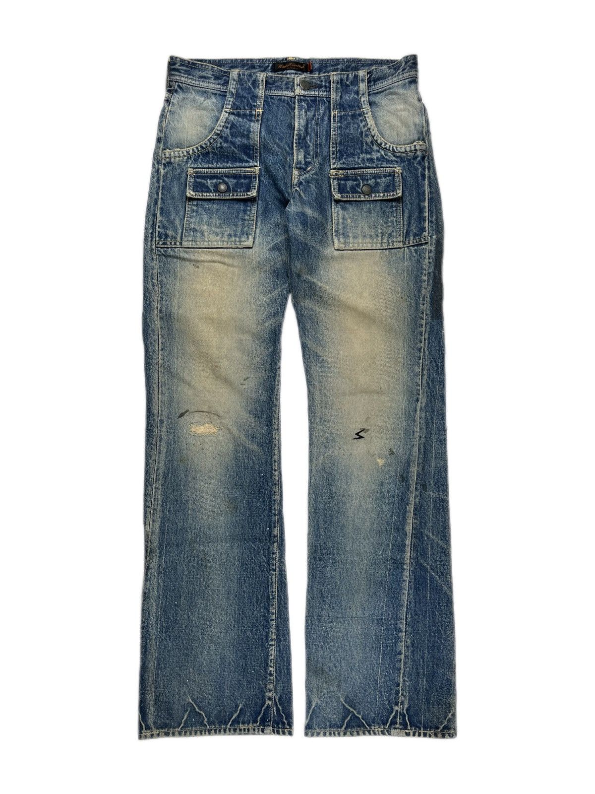 image of Ss06 Undercover Klaus Wahnfrieden Cargo Flare Denim Jeans in Blue, Men's (Size 30)