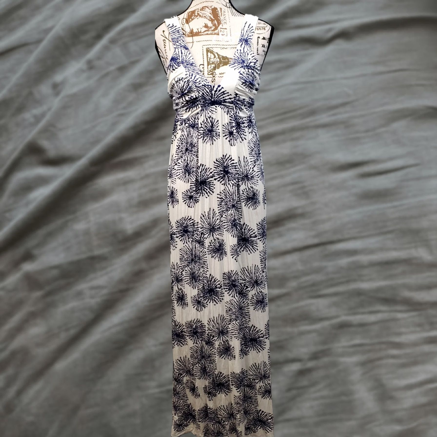 Vintage Pally Maxi Dress Womens Size S Blue White Printed Sleeveless Deep V-Neck Backless Size S / US 4 / IT 40 - 1 Thumbnail