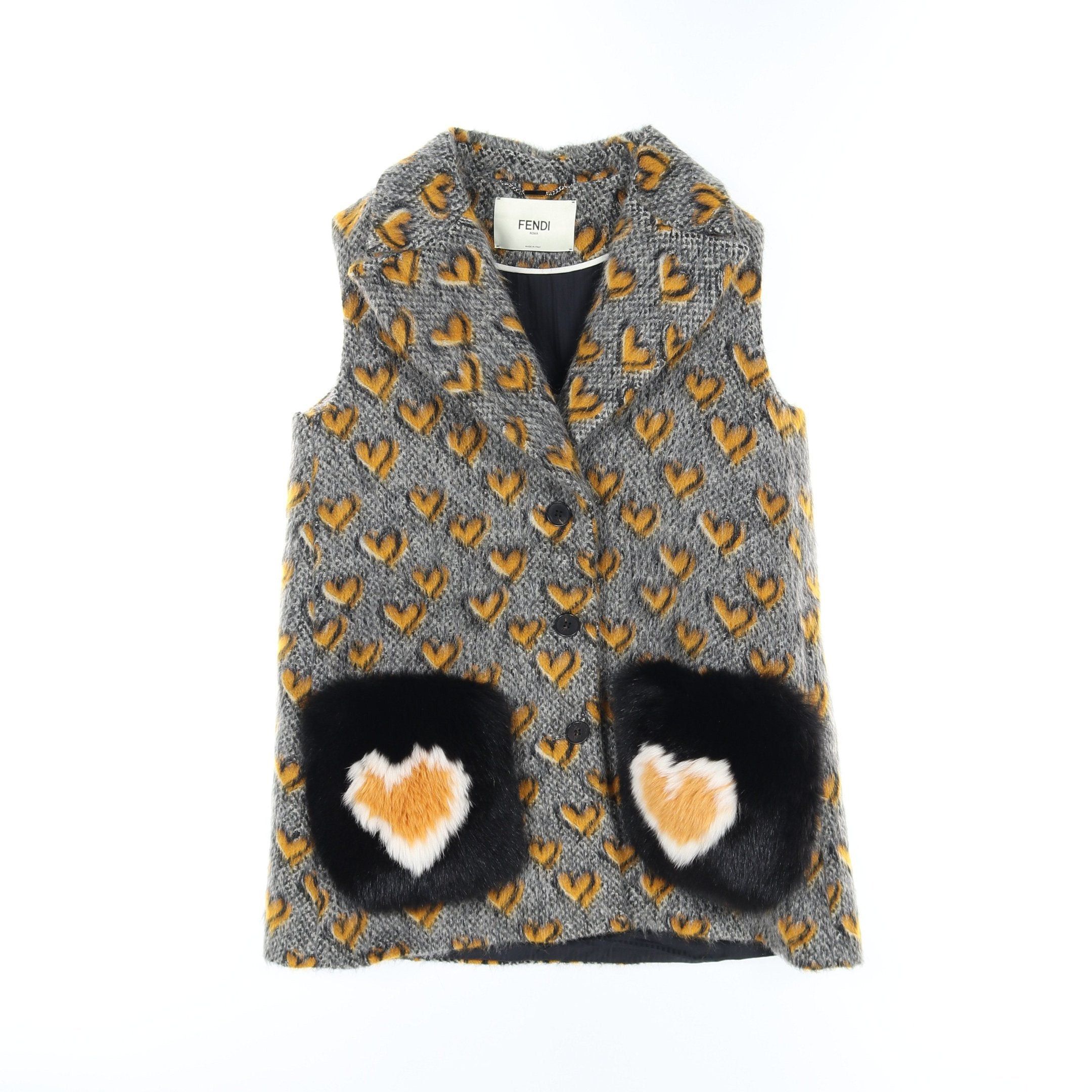 Fendi Fendi Gilet Vest Heart Pattern Mohair Wool Fox Fur Gray Yellow Brown Size ONE SIZE - 1 Thumbnail