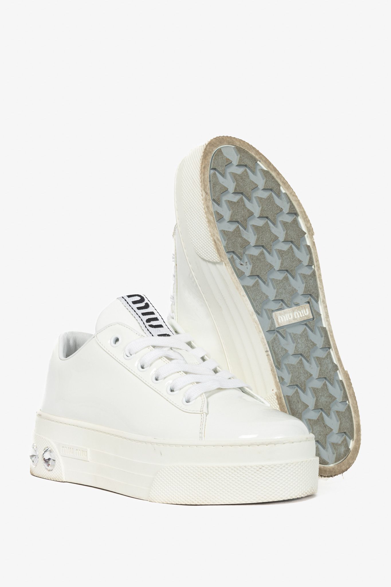 Miu Miu Miu Miu White Patent Crystal-Platform Lace-Up Sneakers Size US 5.5 / IT 35.5 - 4 Thumbnail