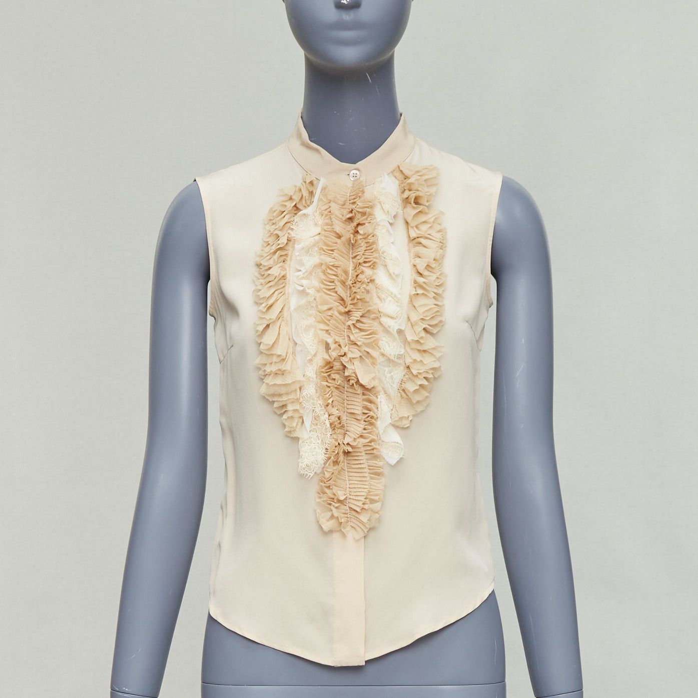 PRADA 2006 Vintage 100% silk ruffle front high collar sleeveless shirt IT38 XS