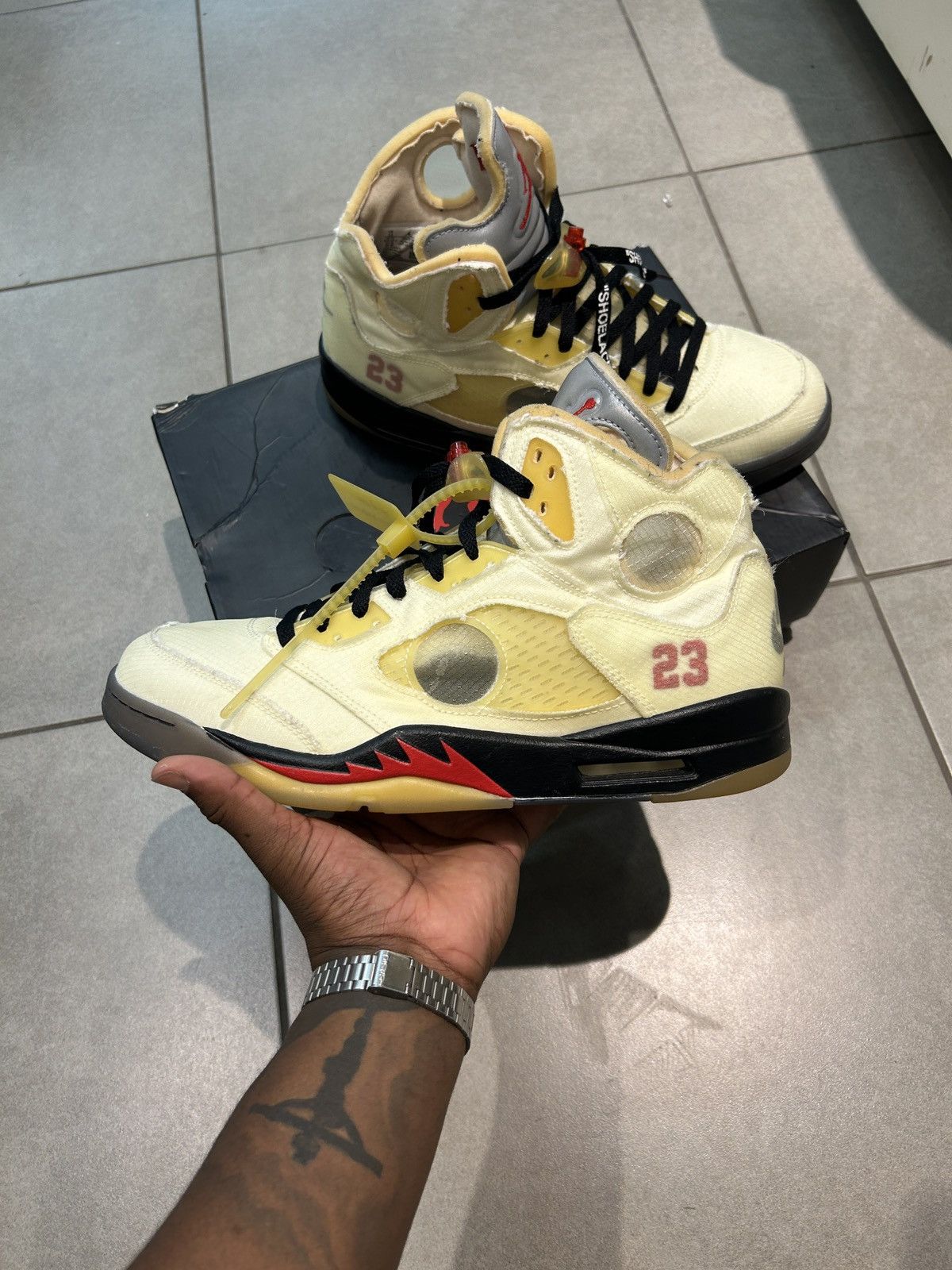 image of Jordan Off White Sail Off White Jordan 5 Shoes in Cream, Men's (Size 13)