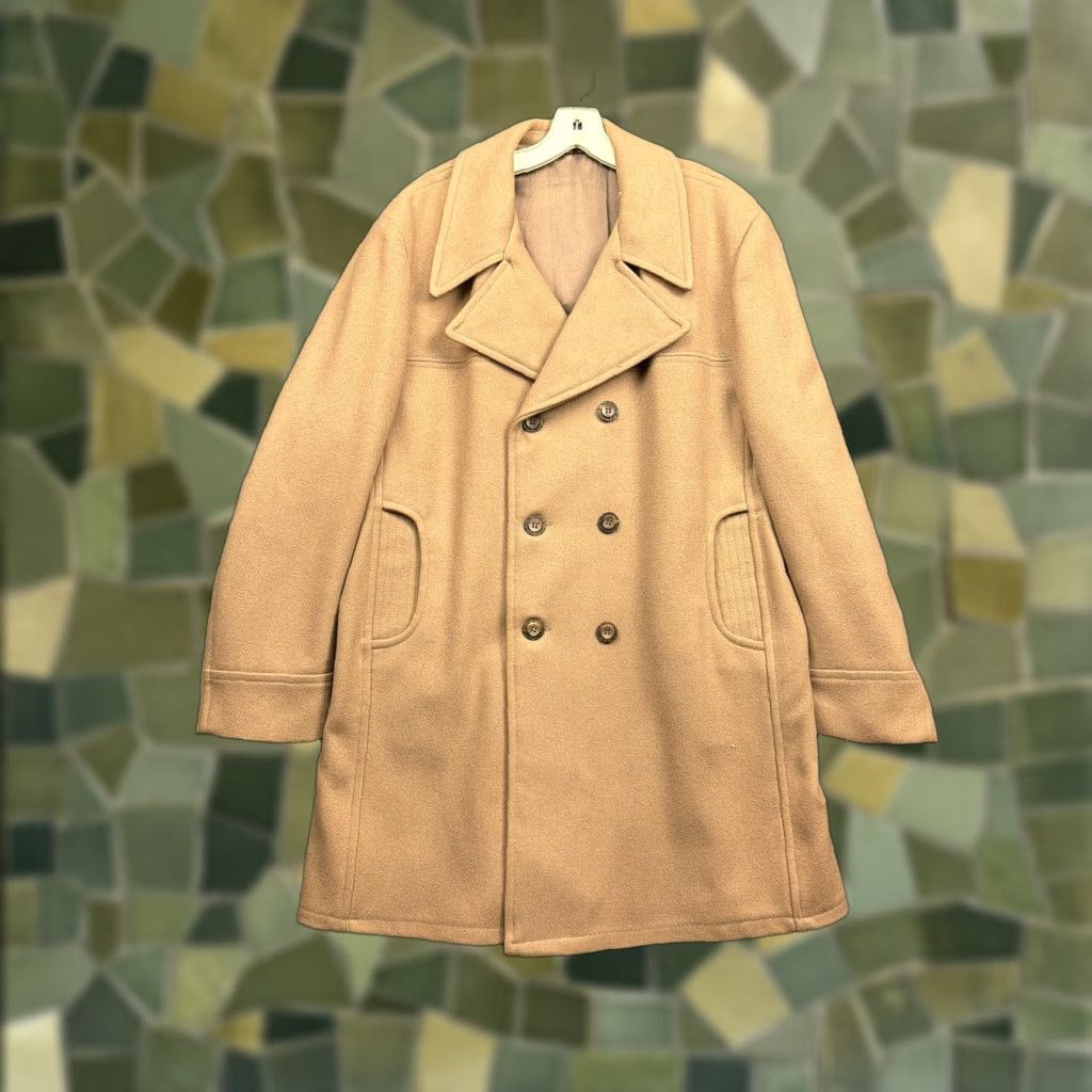 VINTAGE Wool Coat Mens Size 46 Beige Double Breasted Overcoat Lined Peacoat 60s