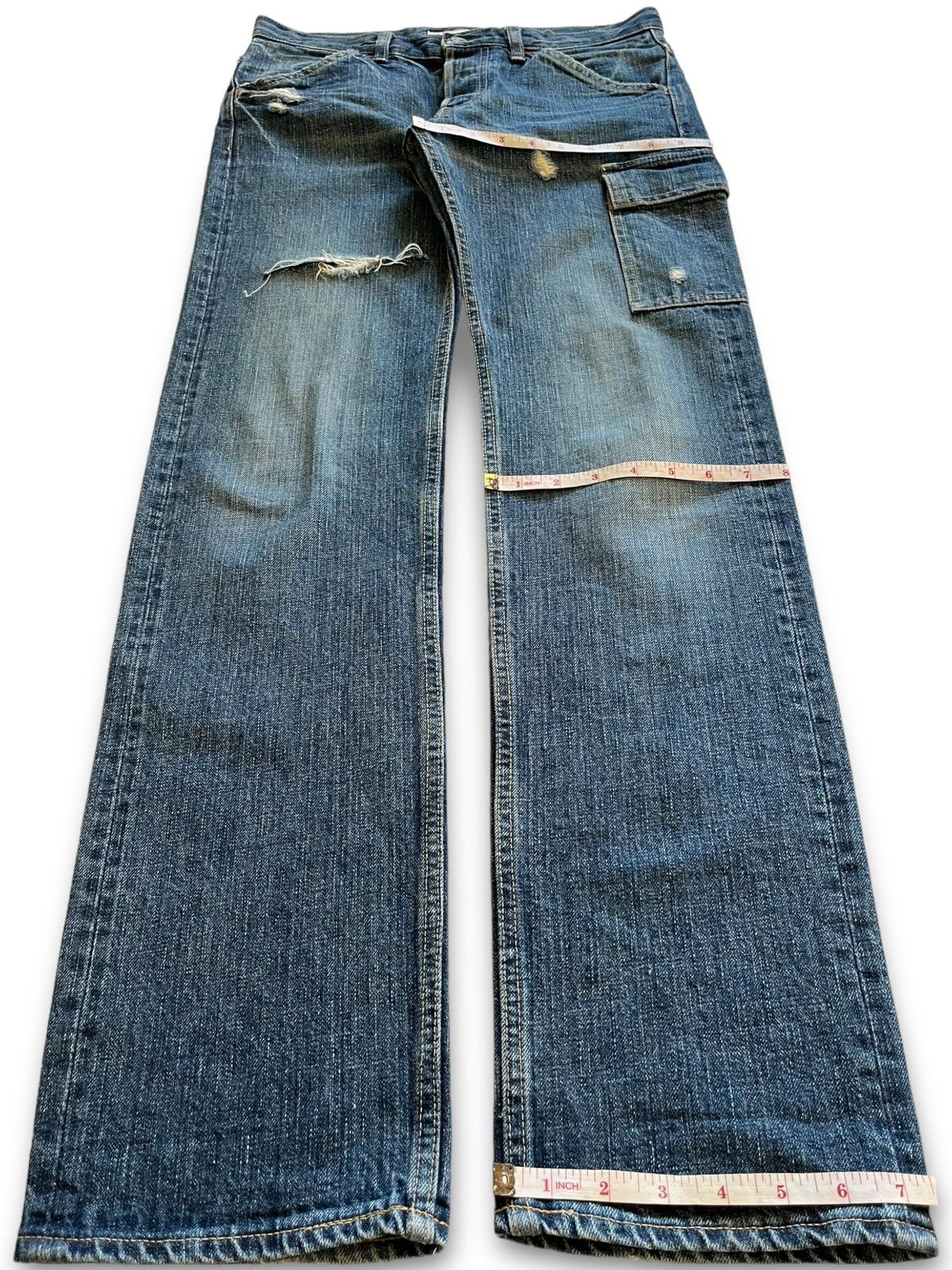 Japanese Brand Vintage Japanese Domingo Blue Wash Distressed Cargo Jeans Size US 31 - 13 Thumbnail