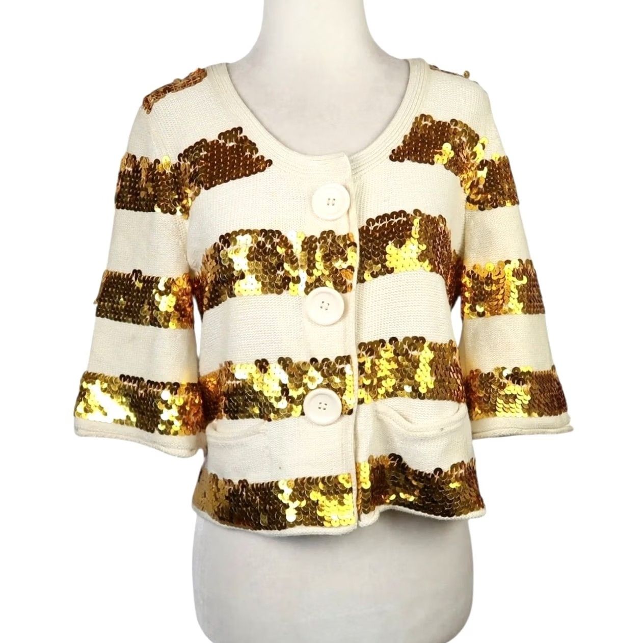Forever 21 VINTAGE Forever 21 Cardigan Sweater Cotton 100% Knit Cream Sequin Striped 3/4 Sleeve M Womens Bohemian Size M / US 6-8 / IT 42-44 - 2 Thumbnail