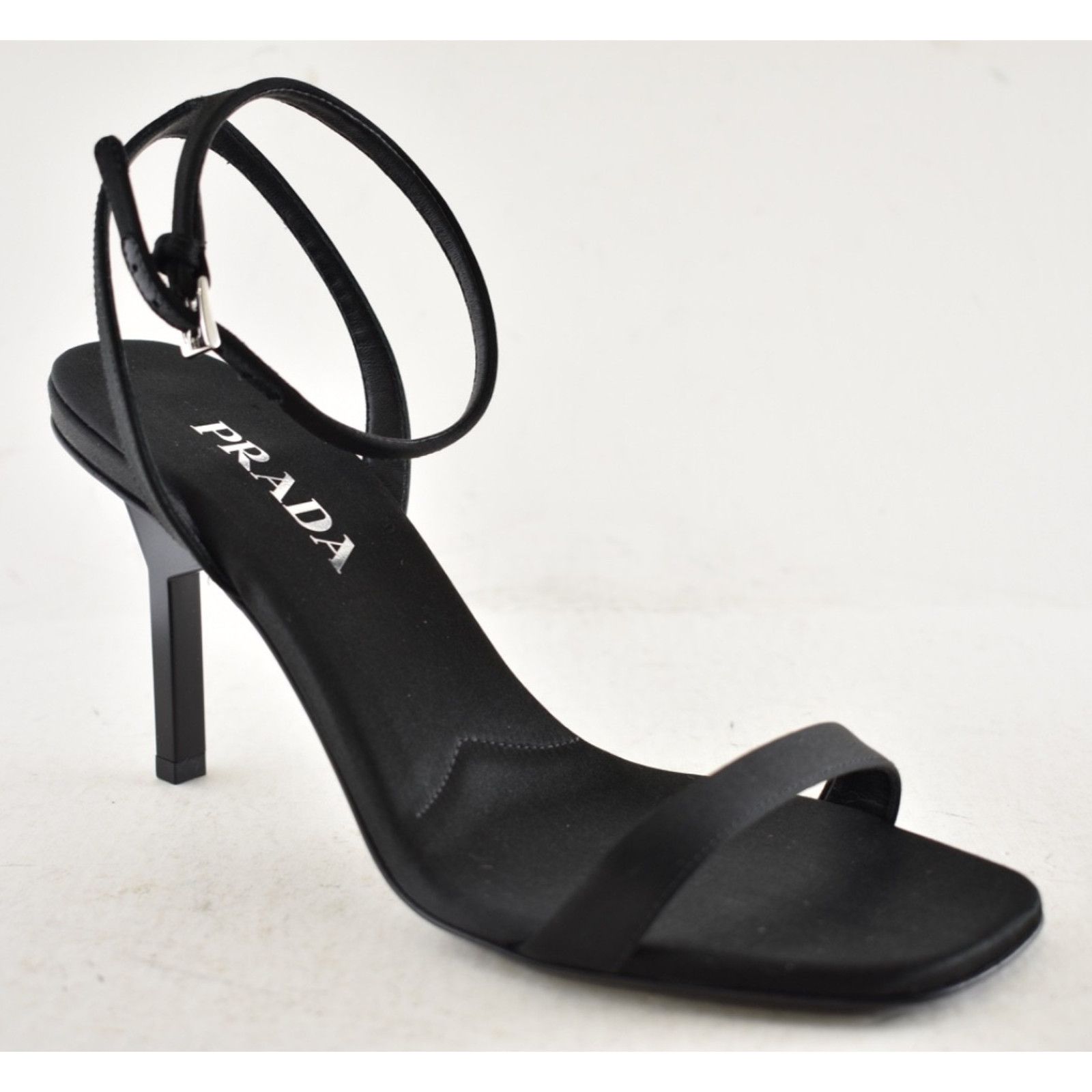 Prada Prada 85mm Black Satin Logo Geometric Heel Sandal 39 Size US 9 / IT 39 - 6 Thumbnail