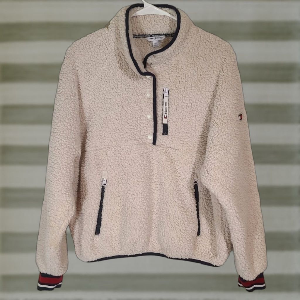 Tommy Hilfiger TOMMY HILFIGER Womens Jacket Be ige White Sherpa Fleece Sport L Kimono Collared Mid-Length Zip Snap Long Sleeve Fall Winter Sports Mens Womens Size L / US 10 / IT 46 - 1 Thumbnail