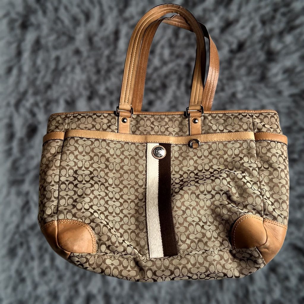 Coach Coach Signature Avary Tote Bag Womens Large Brown Jacquard Leather Shoulder Stripe Size ONE SIZE - 1 Thumbnail