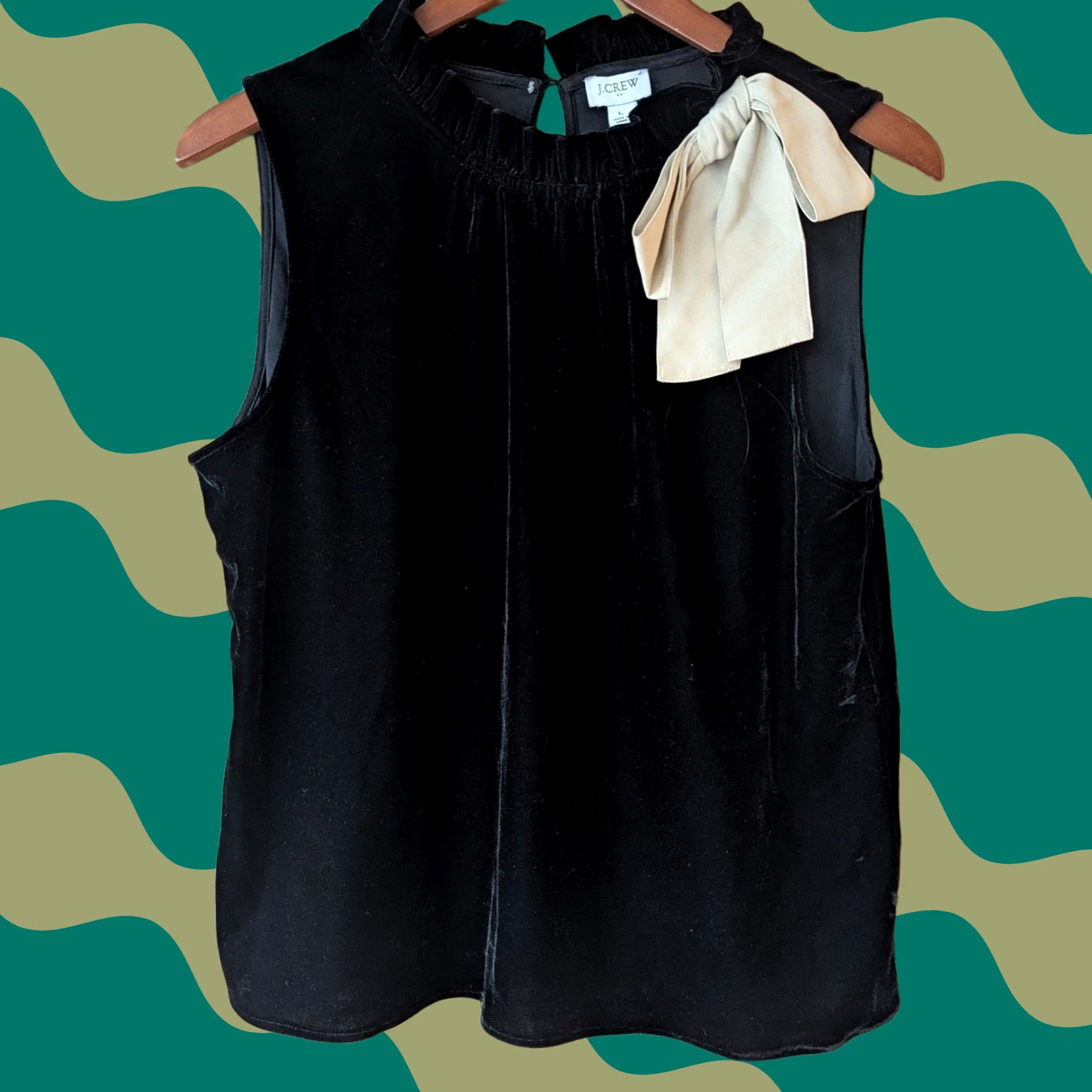 J.Crew J.Crew Black Velvet Sleeveless Top Ruffle Neck Cream Shoulder Bow Size L Womens Holiday Evening Formal Party Cocktail Velvet Deluxe Blouse Size L / US 10 / IT 46 - 1 Thumbnail