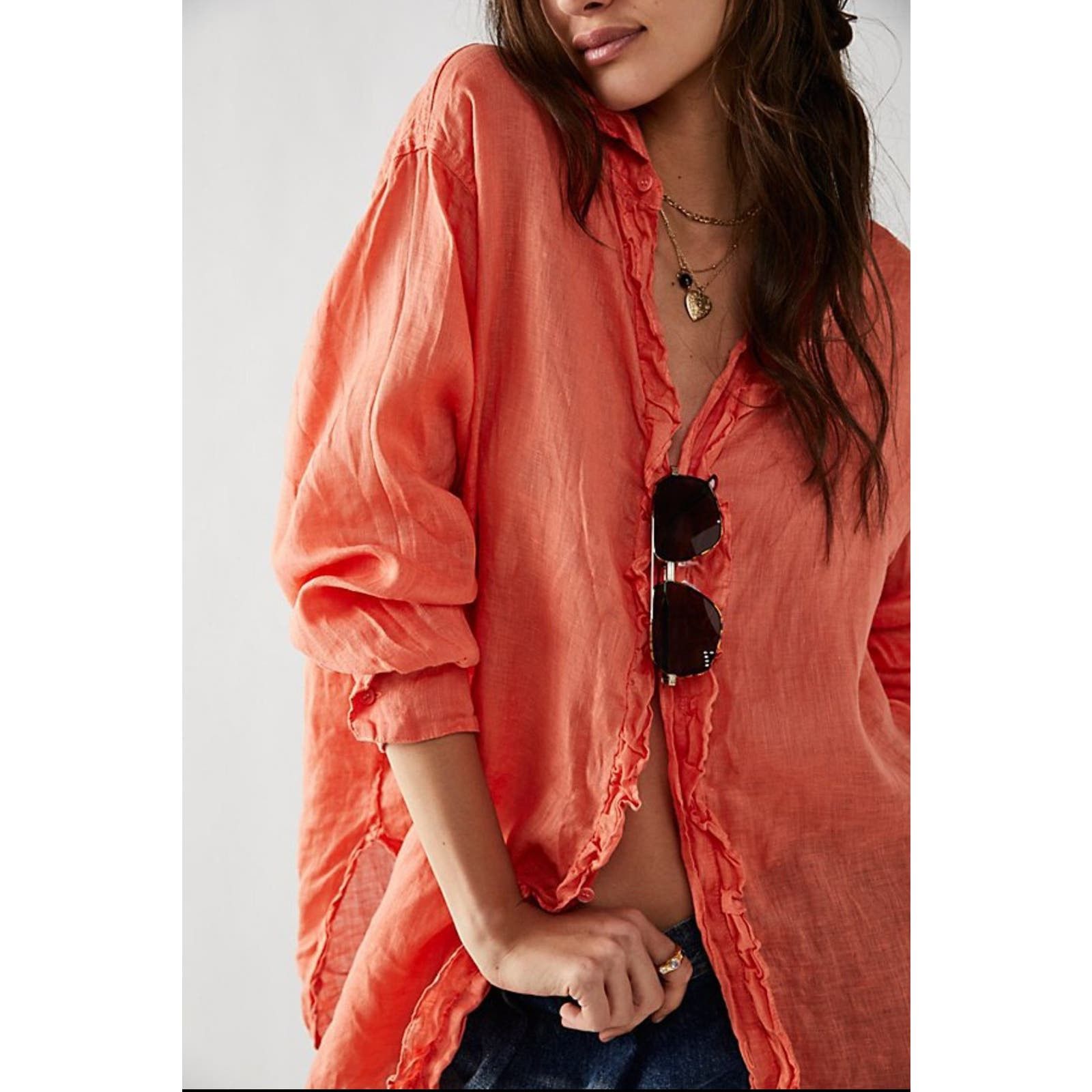 image of New Free People Cp Shades Solid Ruffle Linen Shirt $252 S in Orange, Women's (Size Small)