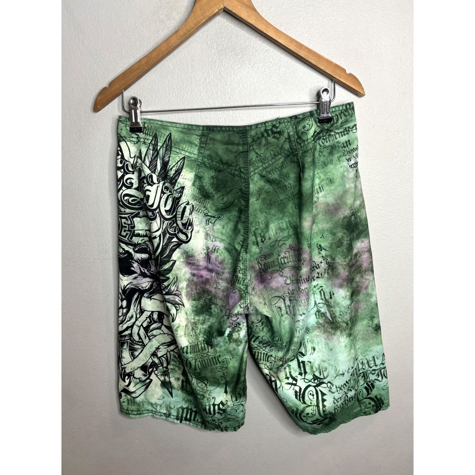 Vintage MMA Elite Fight Shorts Mens Green Purple Skull Graphic Board Shorts Training Size US 34 / EU 50 - 6 Thumbnail