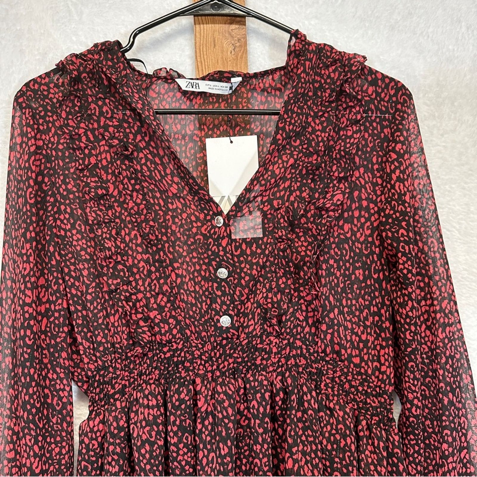 Zara Zara Red & Black Cheetah Print Long Sleeve Ruffled Dress Size L / US 10 / IT 46 - 2 Thumbnail