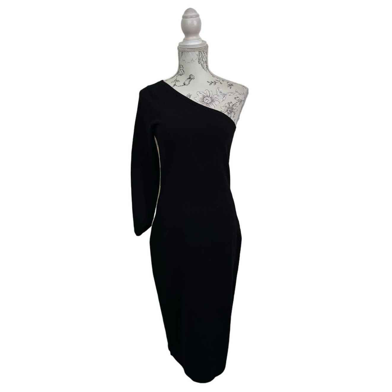 image of Diane Von Furstenberg Dvf Black Knit One Shoulder Midi Classic Sheath Dress, Women's (Size Medium)
