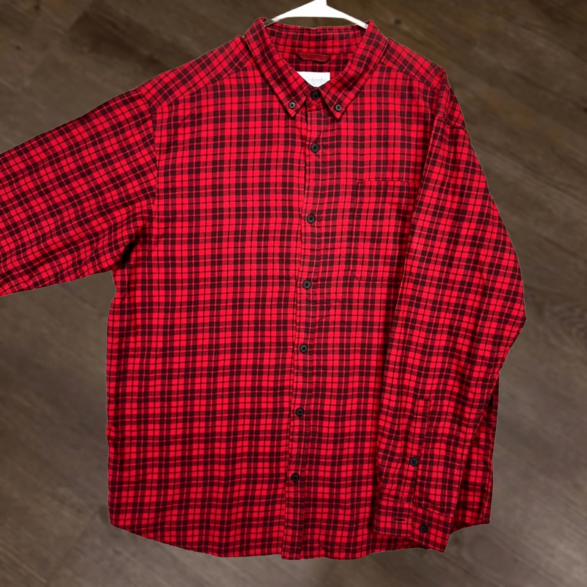 Logo 7 Columbia Adult Mens Button Down Shirt XL Red Black Plaid Pocket Logo Long Sleeve Size US XL / EU 56 / 4 - 1 Thumbnail