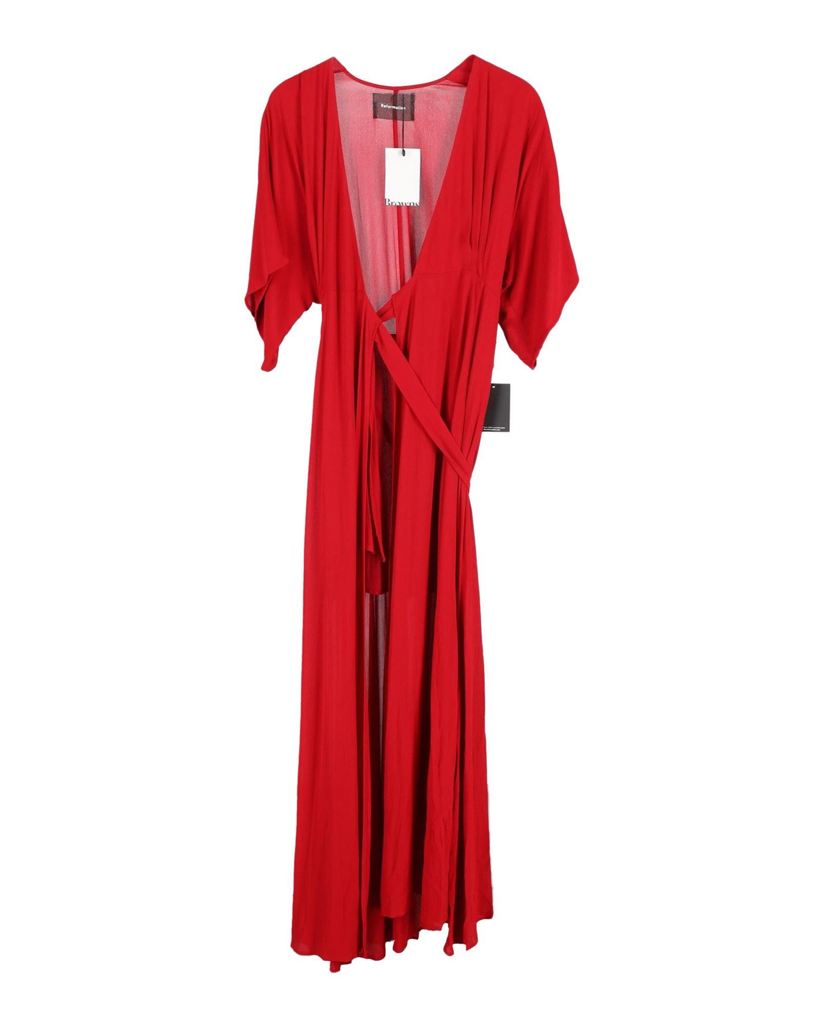 image of Reformation Draped Wrap Dress With V-Neckline And Waist Tie In Red Georgette Fabric, Women's (Size 