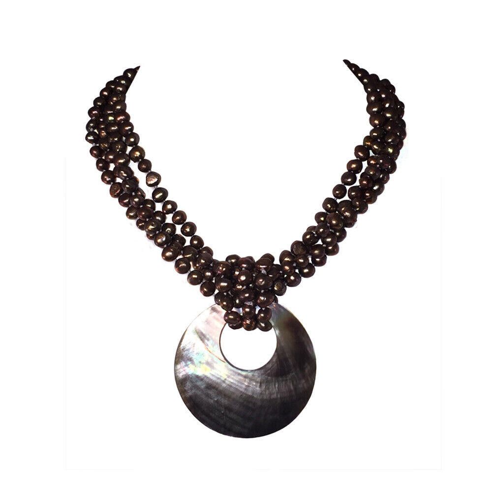 Designer Gray Pearl Torsade Necklace with Abalone Shell Disc Pendant Size ONE SIZE - 1 Thumbnail