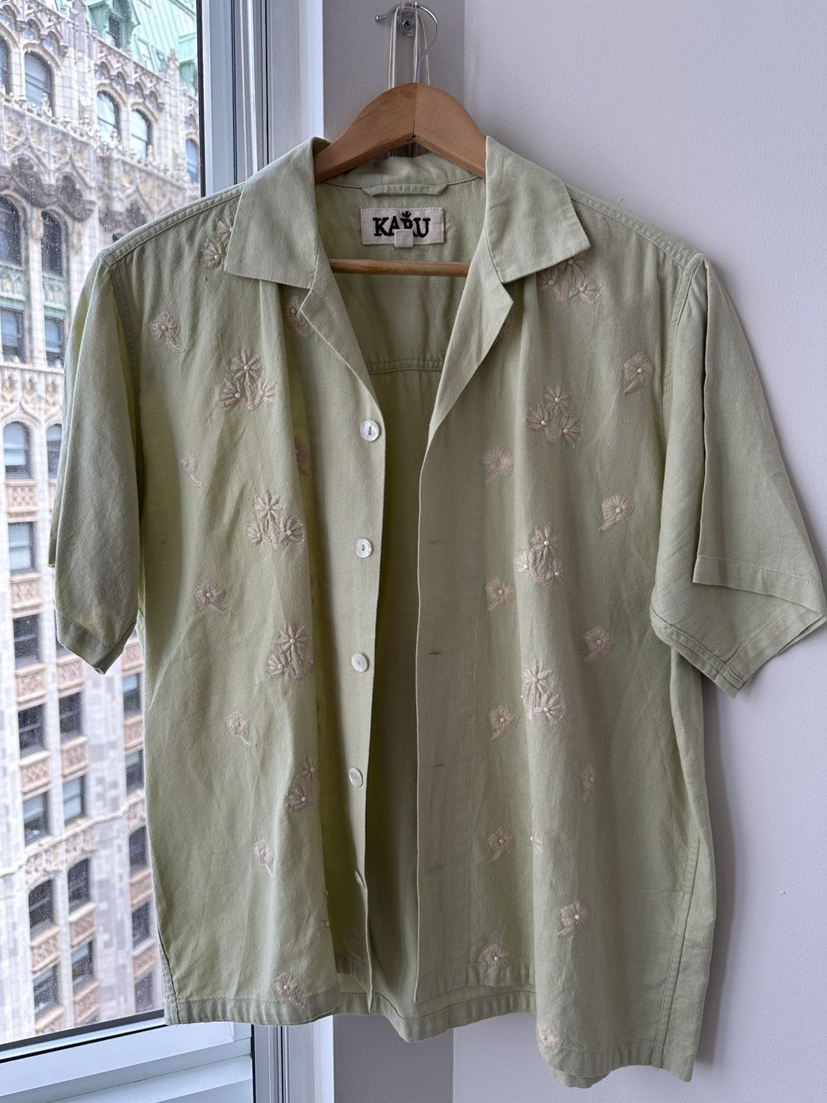 Karthik / Karu Research Green Linen Shirt Pearl Detailing