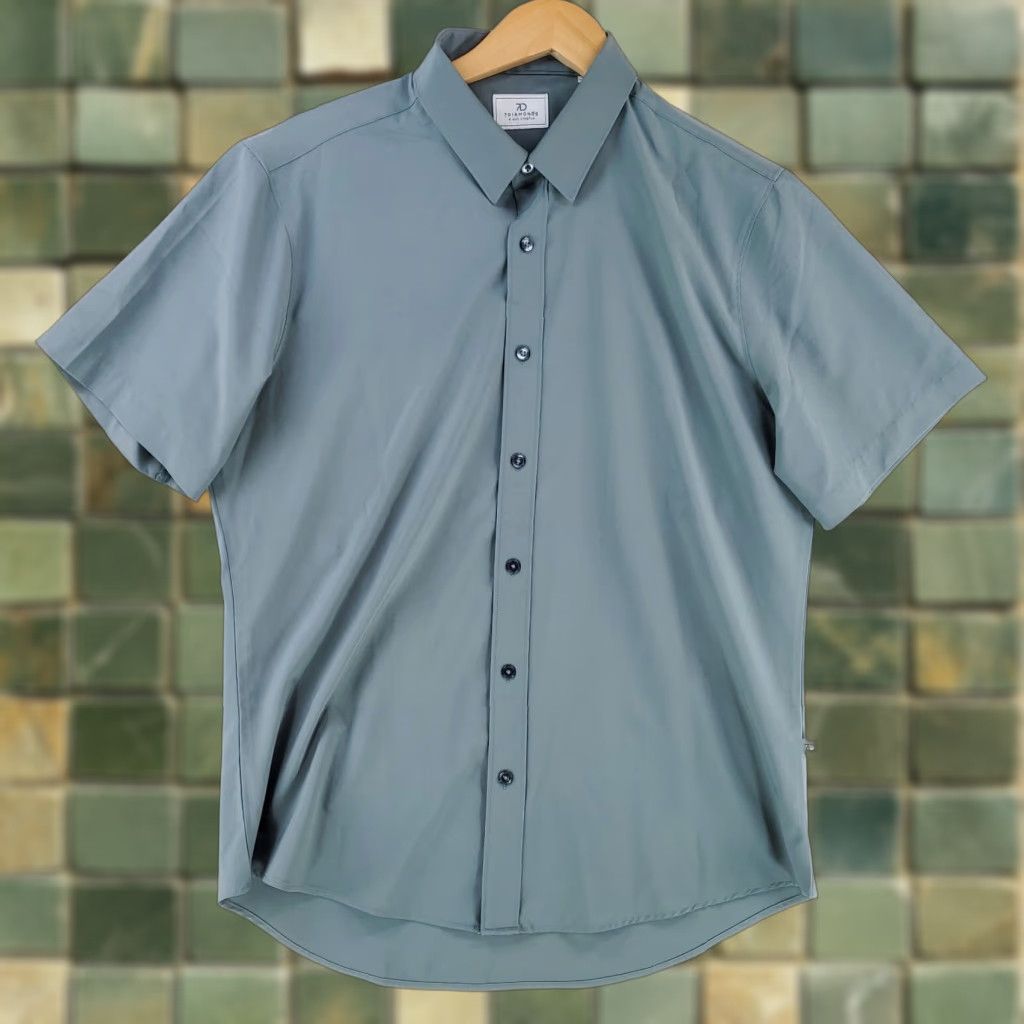 Vintage 7 Diamonds Button-Up Shirt Short Sleeve L Mens Blue Gray 4 Way Stretch Shirt Size US L / EU 52-54 / 3 - 1 Thumbnail