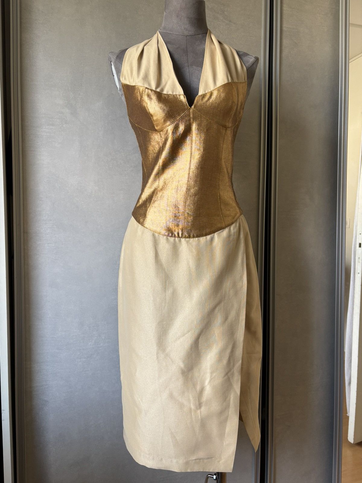Thierry Mugler Vintage Thierry Mugler Couture Gold and Beige Halter Dress Size S / US 4 / IT 40 - 1 Thumbnail