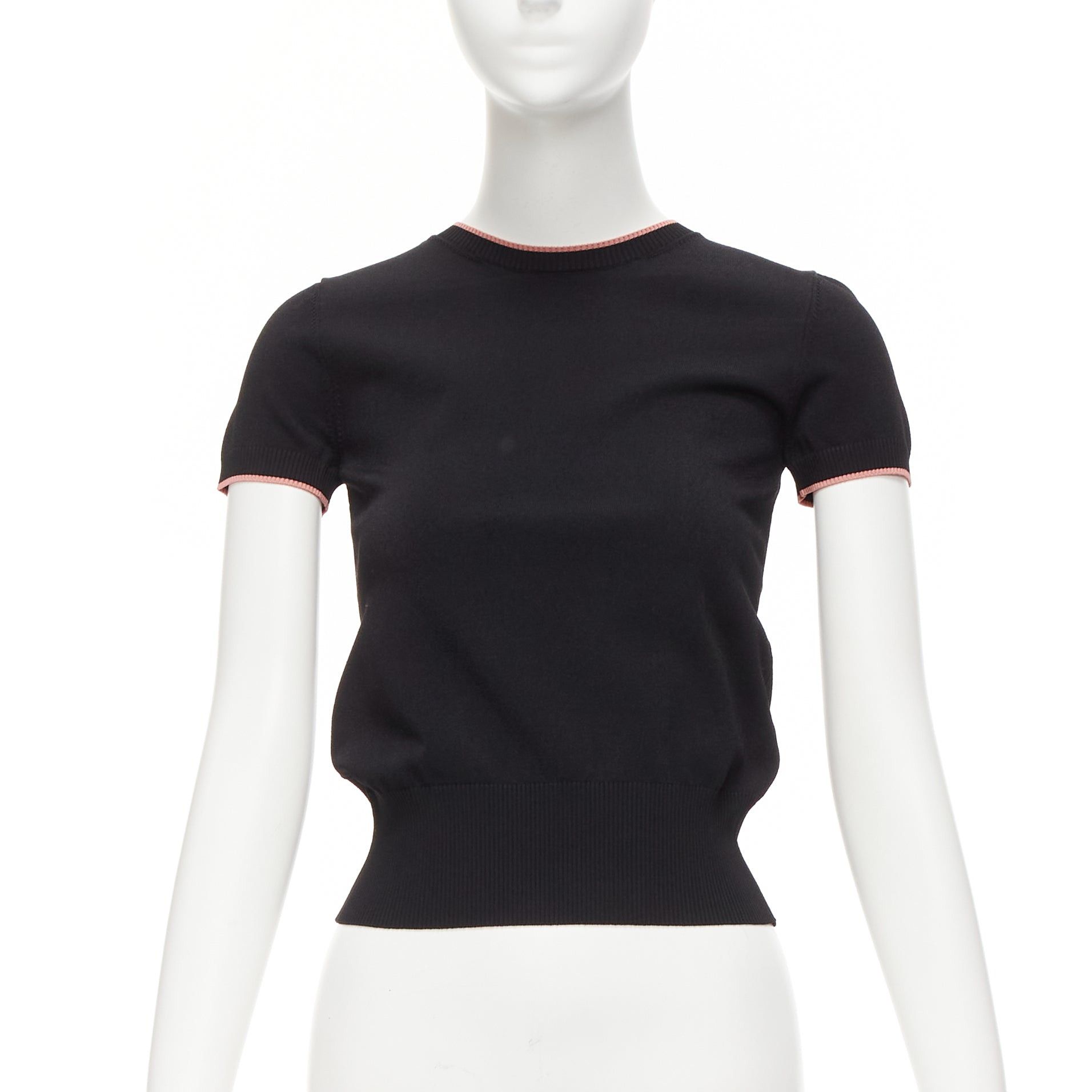 image of Valentino Black Pink Rib Trim Crew Neck Short Sleeve Cropped Sweater Top S, Women's (Size Small)