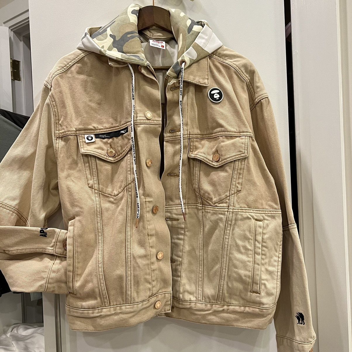 image of Aape By A Bathing Ape Hooded Denim Jacket in Beige, Men's (Size Small)