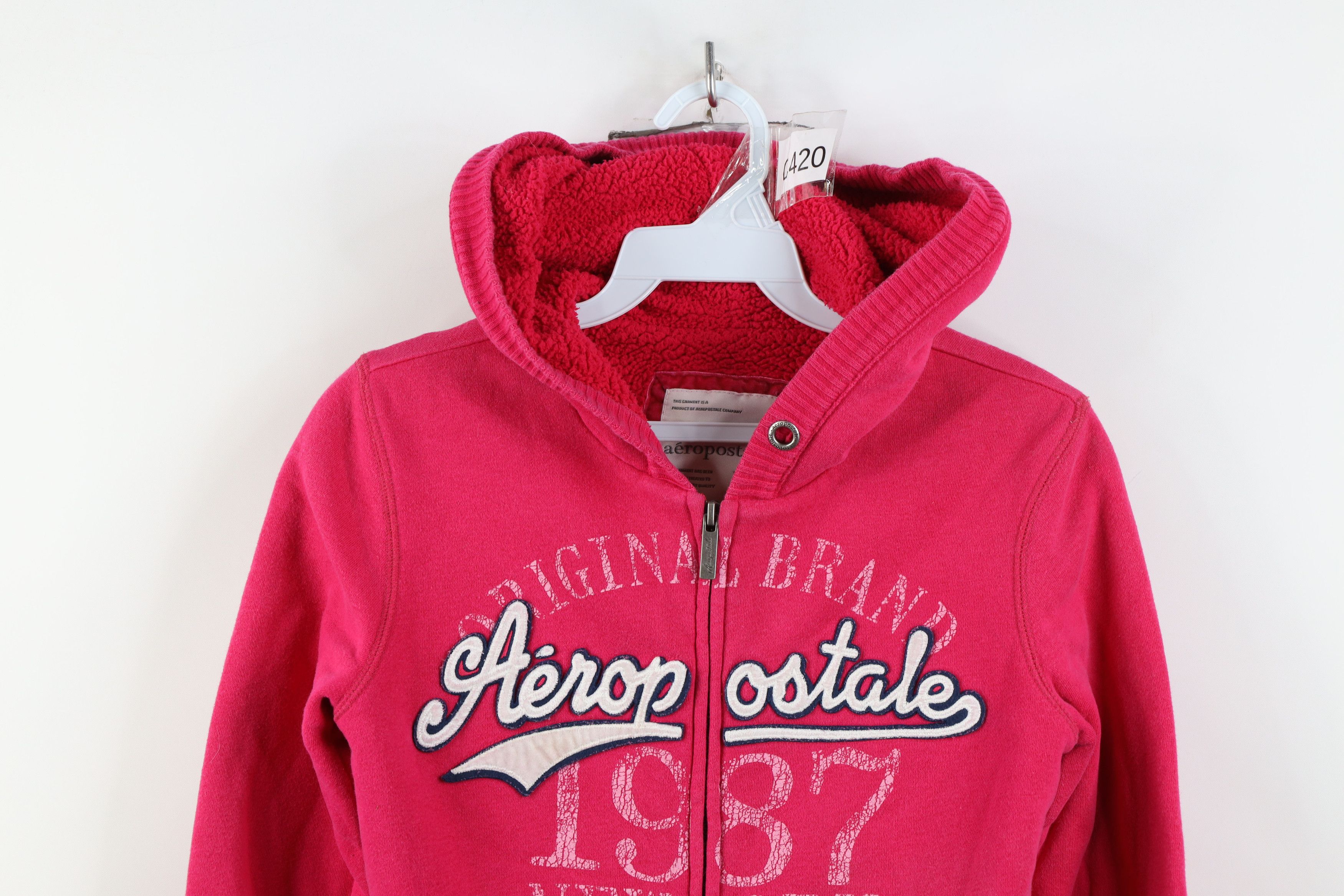 Aeropostale Vintage 90s Y2K Aeropostale Pile Fleece Lined Hoodie Pink Size XS / US 0-2 / IT 36-38 - 2 Thumbnail