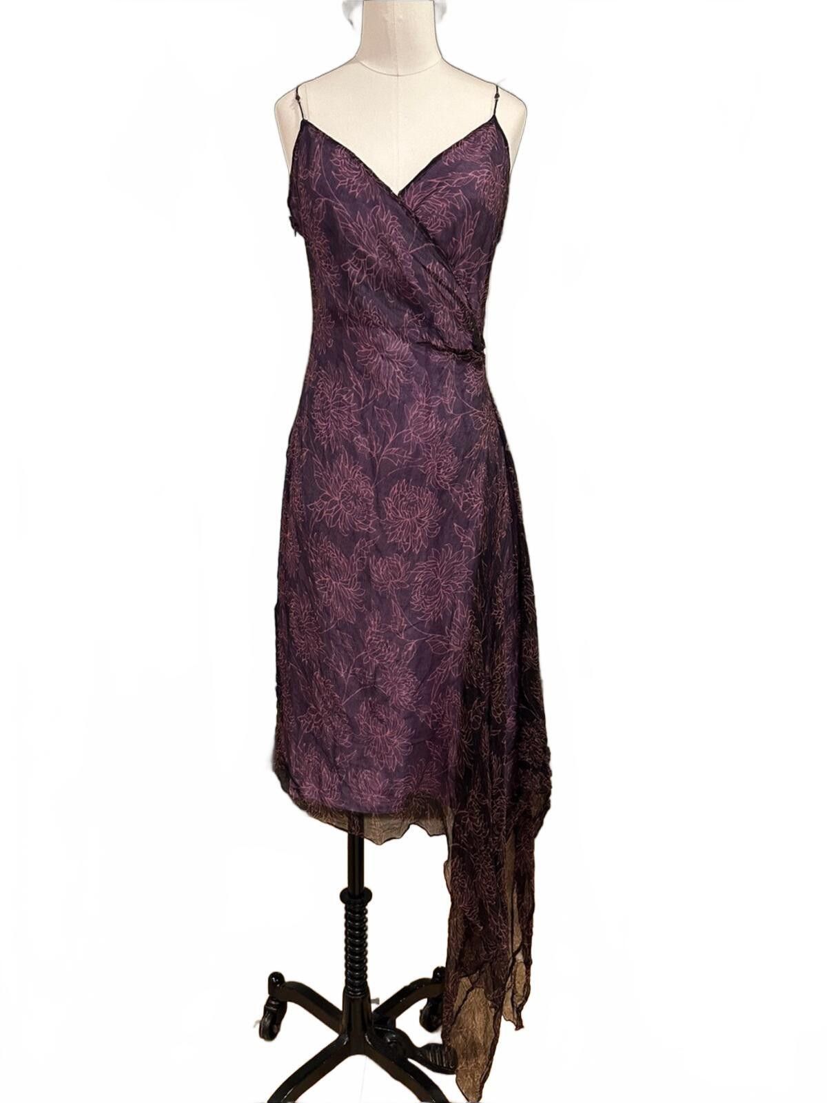 Other Y2K Vintage Purple Floral Asymmetric Beaded Strap Slip Dress Size M / US 6-8 / IT 42-44 - 2 Thumbnail