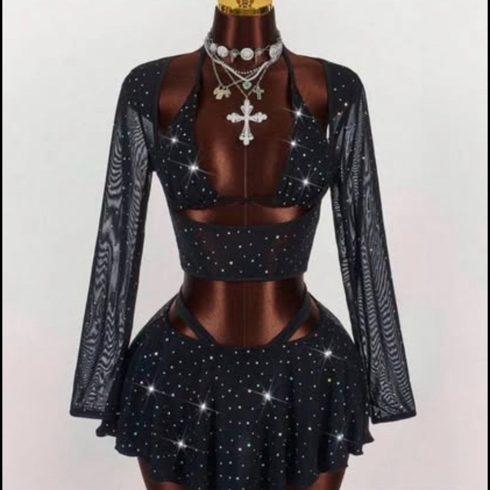 Other Black Rhinestone 3-Piece Set Crop Top Shrug & Mini Skirt Y2K Size S / US 4 / IT 40 - 2 Thumbnail
