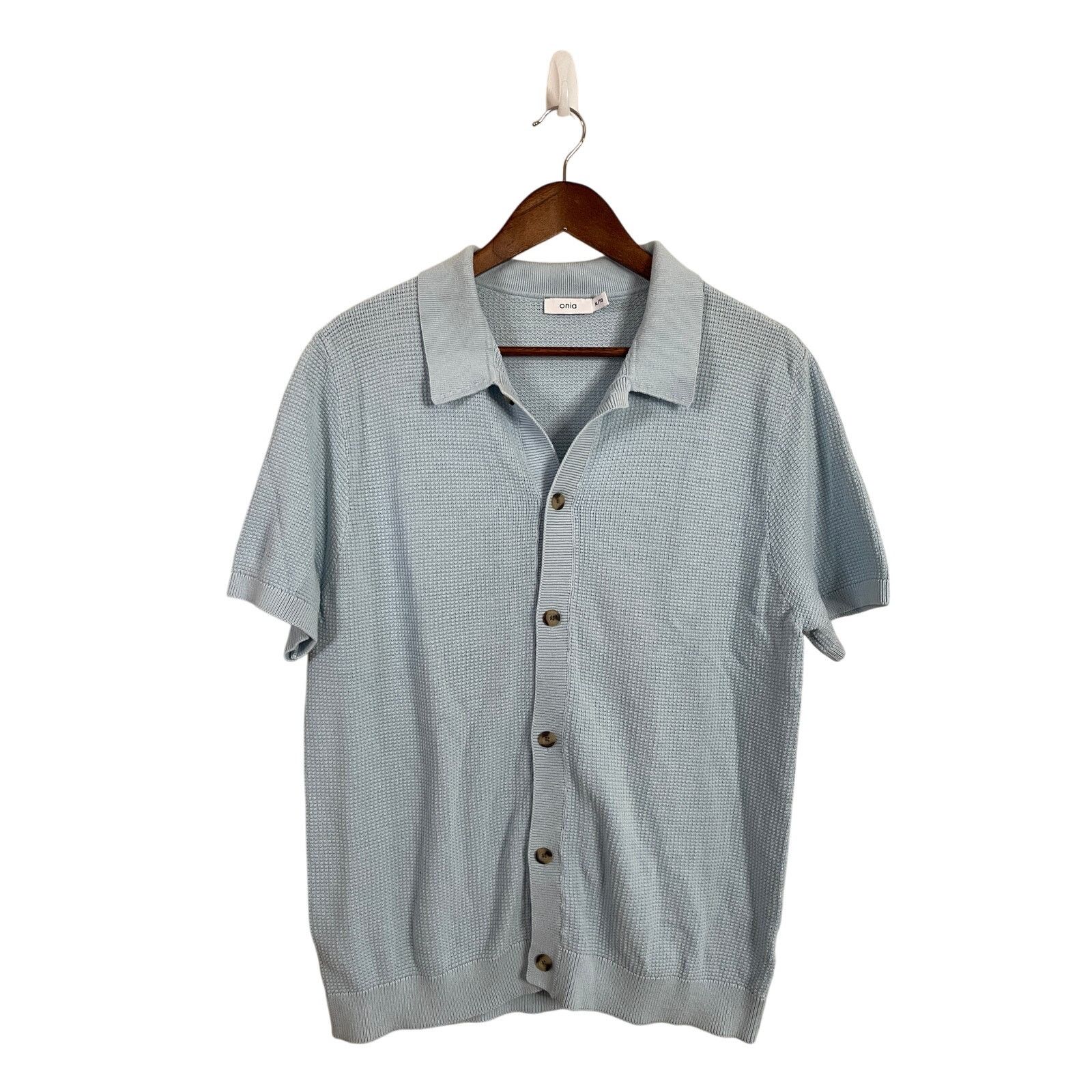 Onia Crochet Knit Button Up Shirt Blue Cotton Mens XL