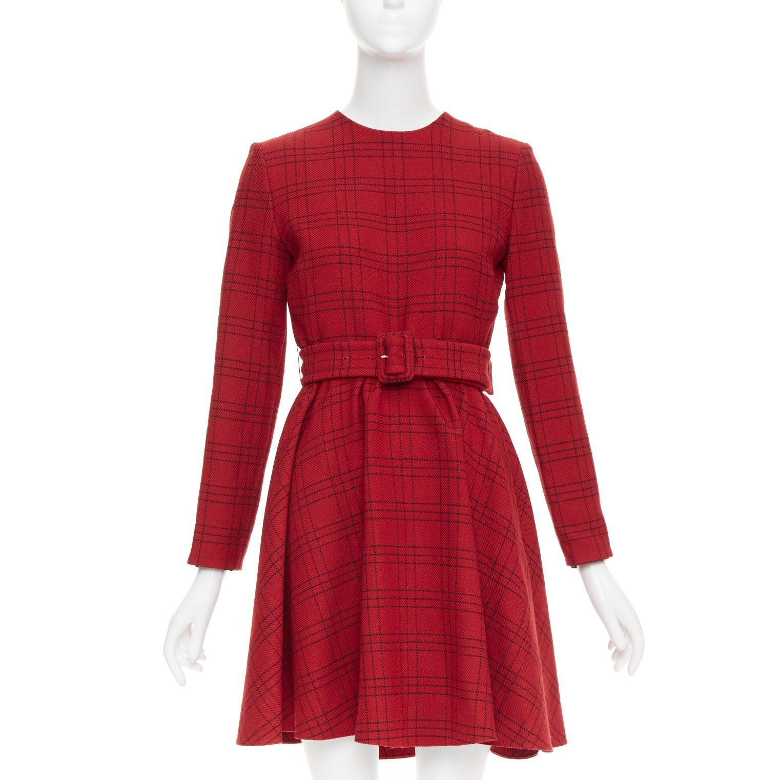 Dior CHRISTIAN DIOR 2018 red plaid check virgin wool belted A-line dress FR36 S Size S / US 4 / IT 40 - 1 Thumbnail
