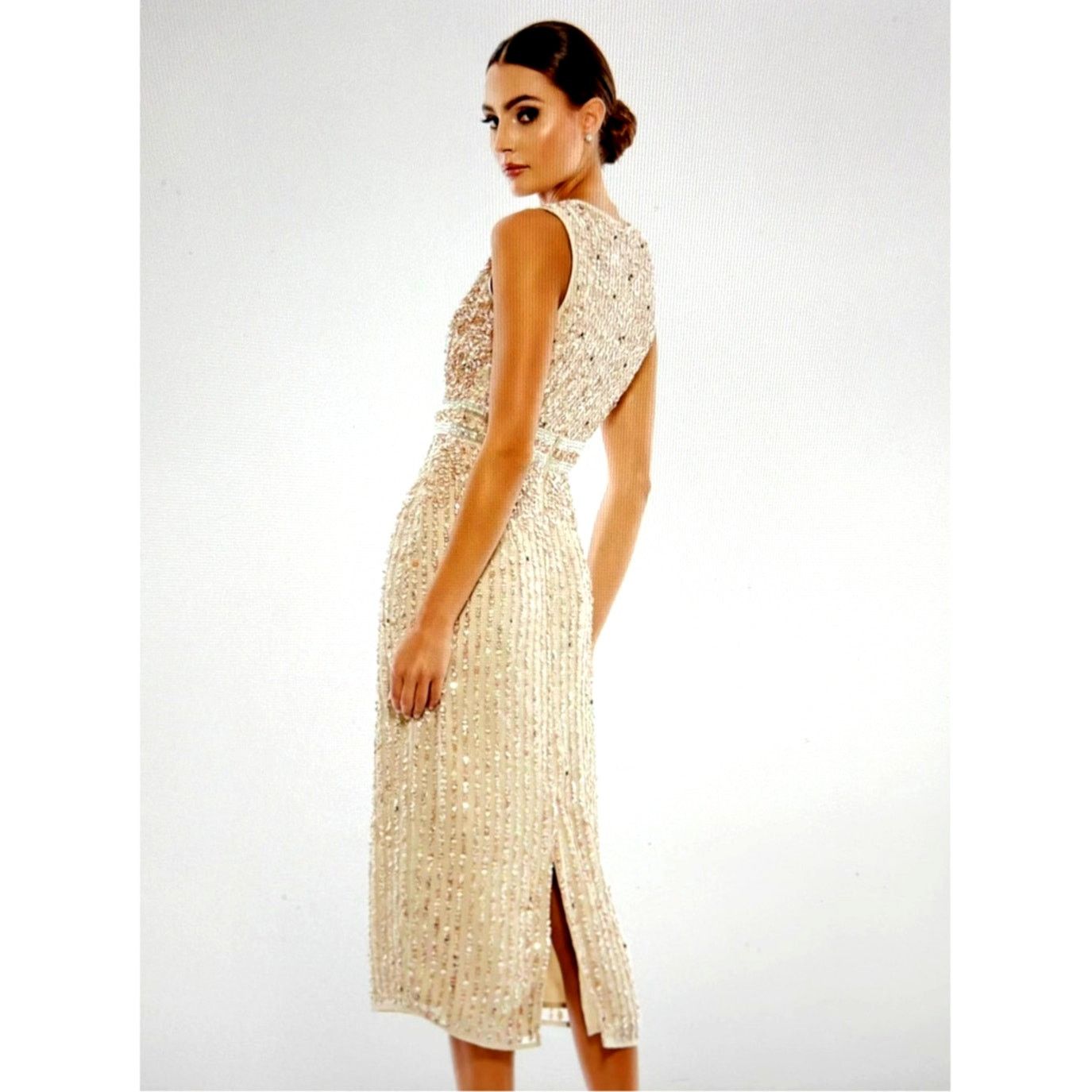 mac duggal beaded sleeveless midi sheath dress White Sleeveless High Neck Beaded Midi Sheath Dress