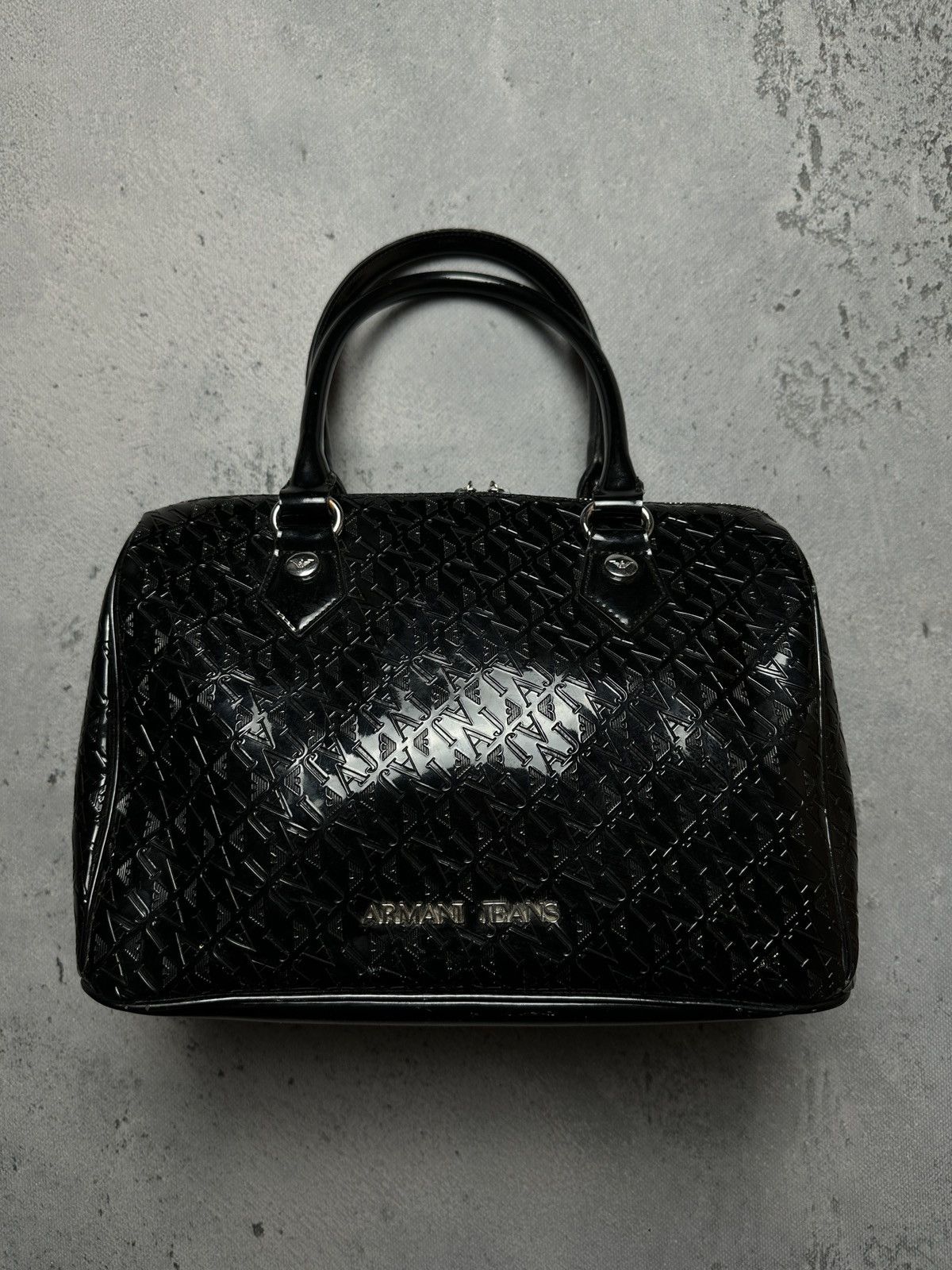 Armani Armani Jeans Tote Black Embossed Patent PVC Satchel Bag y2k Size ONE SIZE - 2 Thumbnail