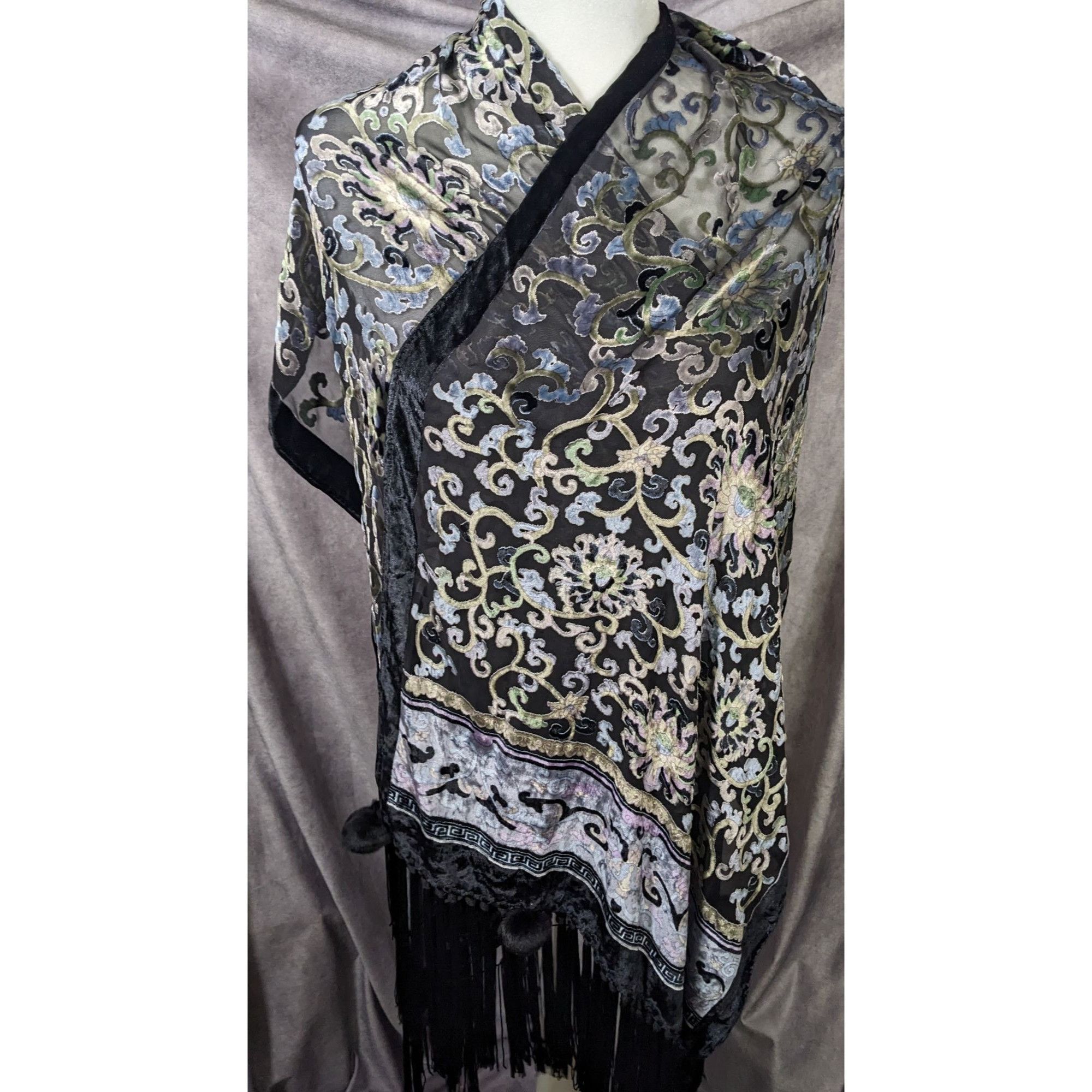 Other Vintage Fantasy Black And Pastel Velvet Burnout Scarf With F Size ONE SIZE - 11 Thumbnail