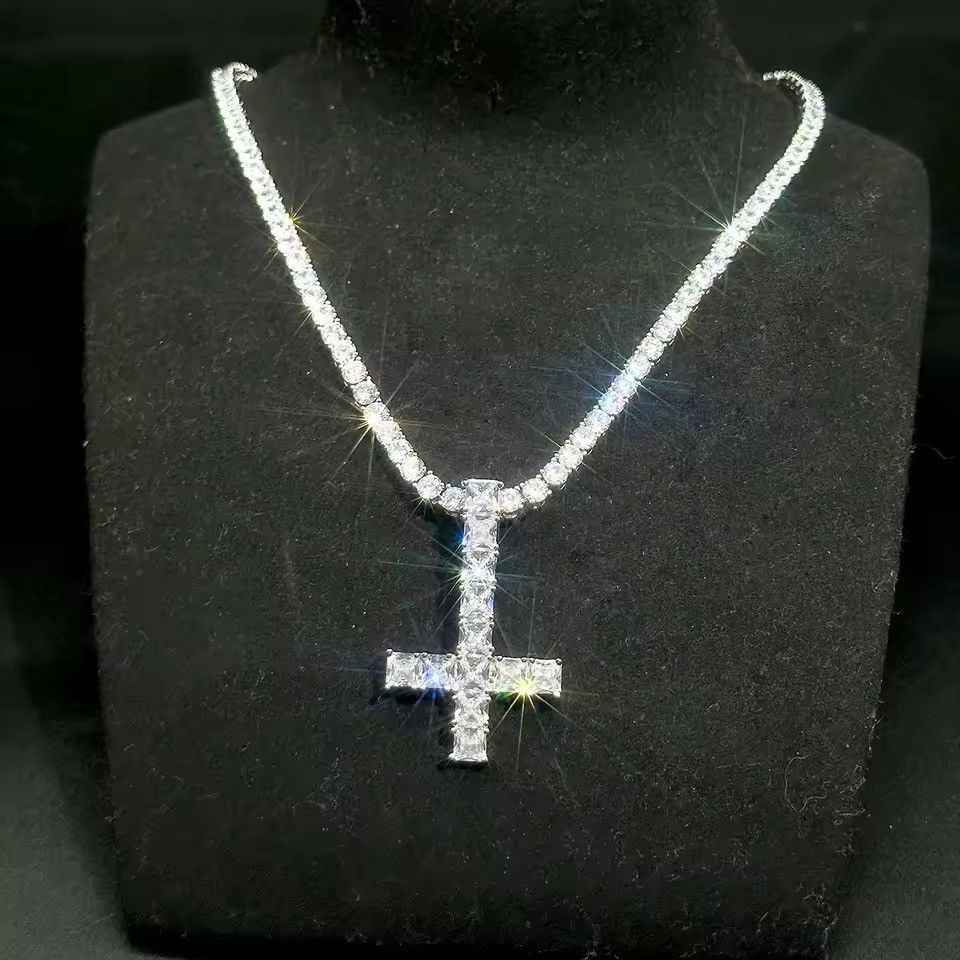 Japanese Brand 60 cm Iced Out Gold Tennis Chain Necklace Inverted Cross CZ Size ONE SIZE - 3 Thumbnail
