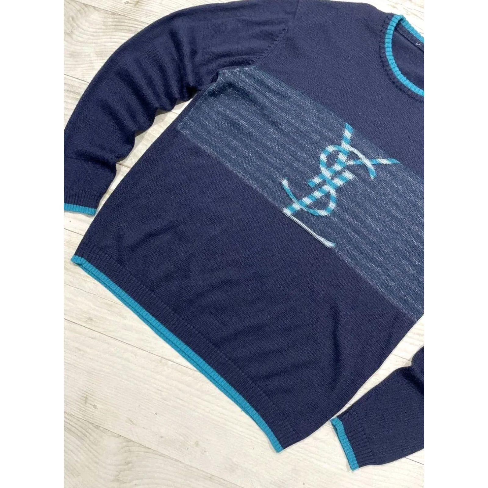 Yves Saint Laurent VINTAGE Saint Laurent Sweater Wool Big Logo YSL Luxury Men Size L Blue Pullover Crew Neck Knit Logo 90s Size US L / EU 52-54 / 3 - 4 Thumbnail