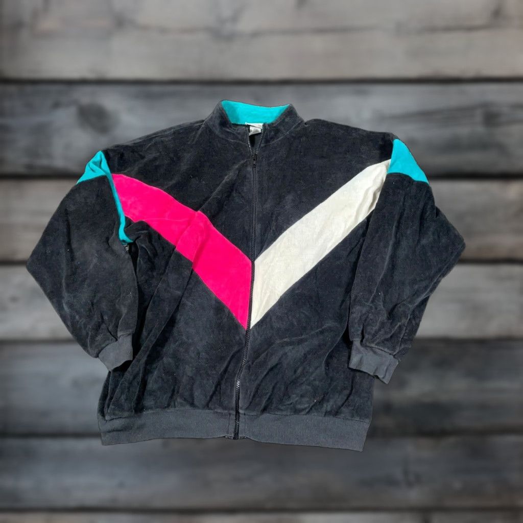 Velour VTG Boundary Waters Velour Zip Track Jacket Women's Medium Black Pink Teal Retro Unlined 90s 80s Classic Hipster Size M / US 6-8 / IT 42-44 - 1 Thumbnail