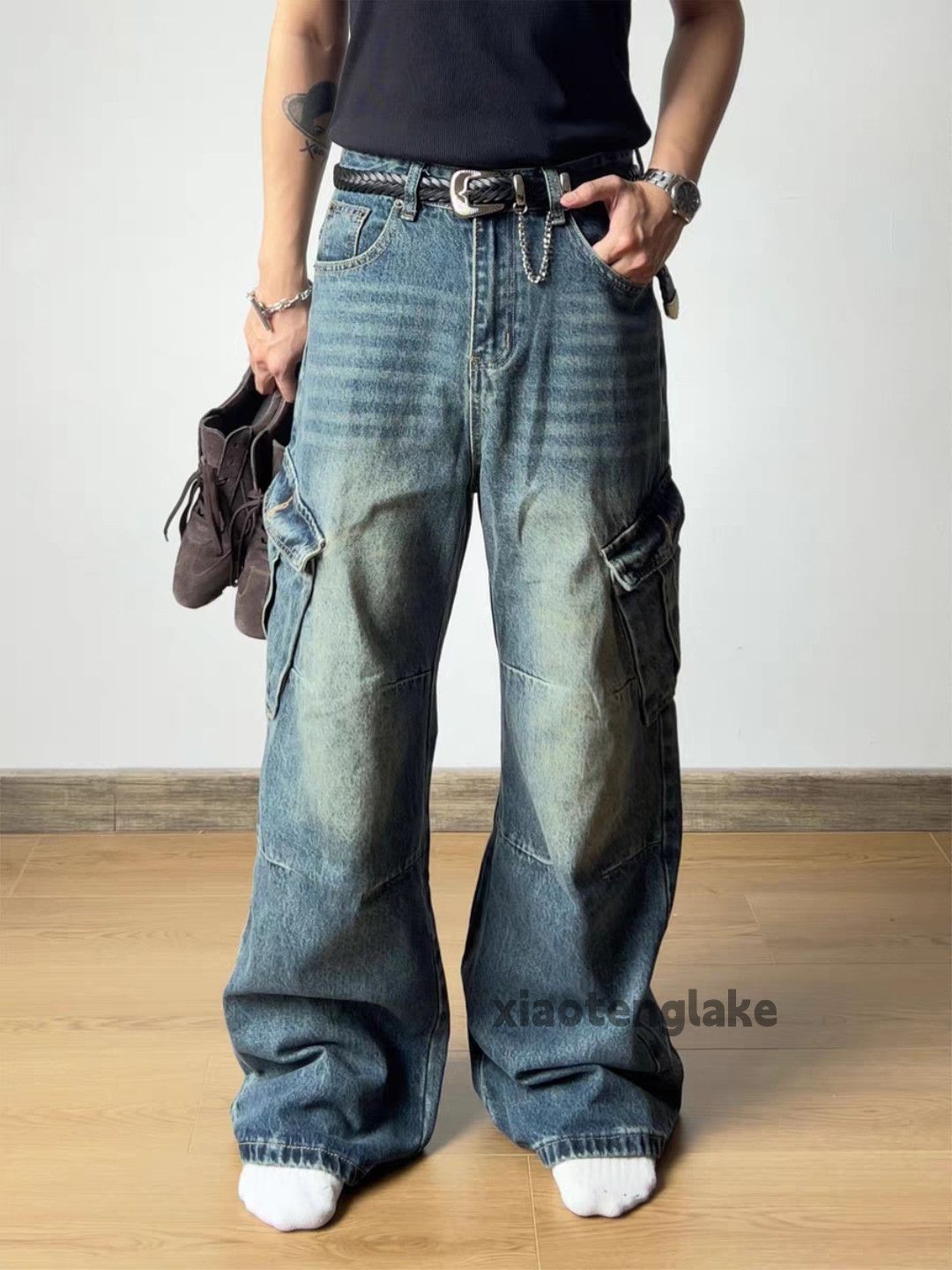 Jean custom washed faded loose baggy skate hiphop cargo jeans Size US 30 / EU 46 - 9 Thumbnail