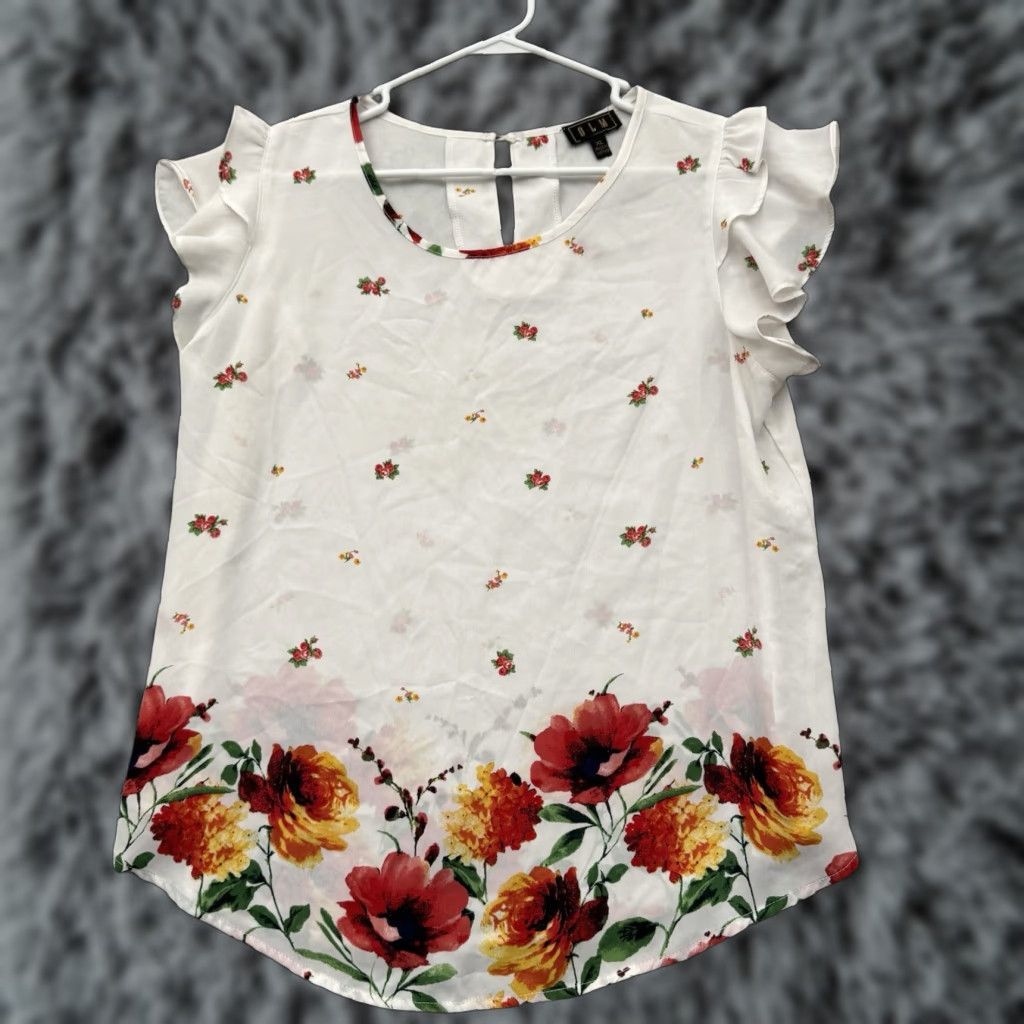 Vintage OLM Blouse Women XL Cottagecore Floral Ruffles Semi Sheer Boho Flutter Sleeve Round Neck Pullover Casual Women’s Size XL / US 12-14 / IT 48-50 - 1 Thumbnail