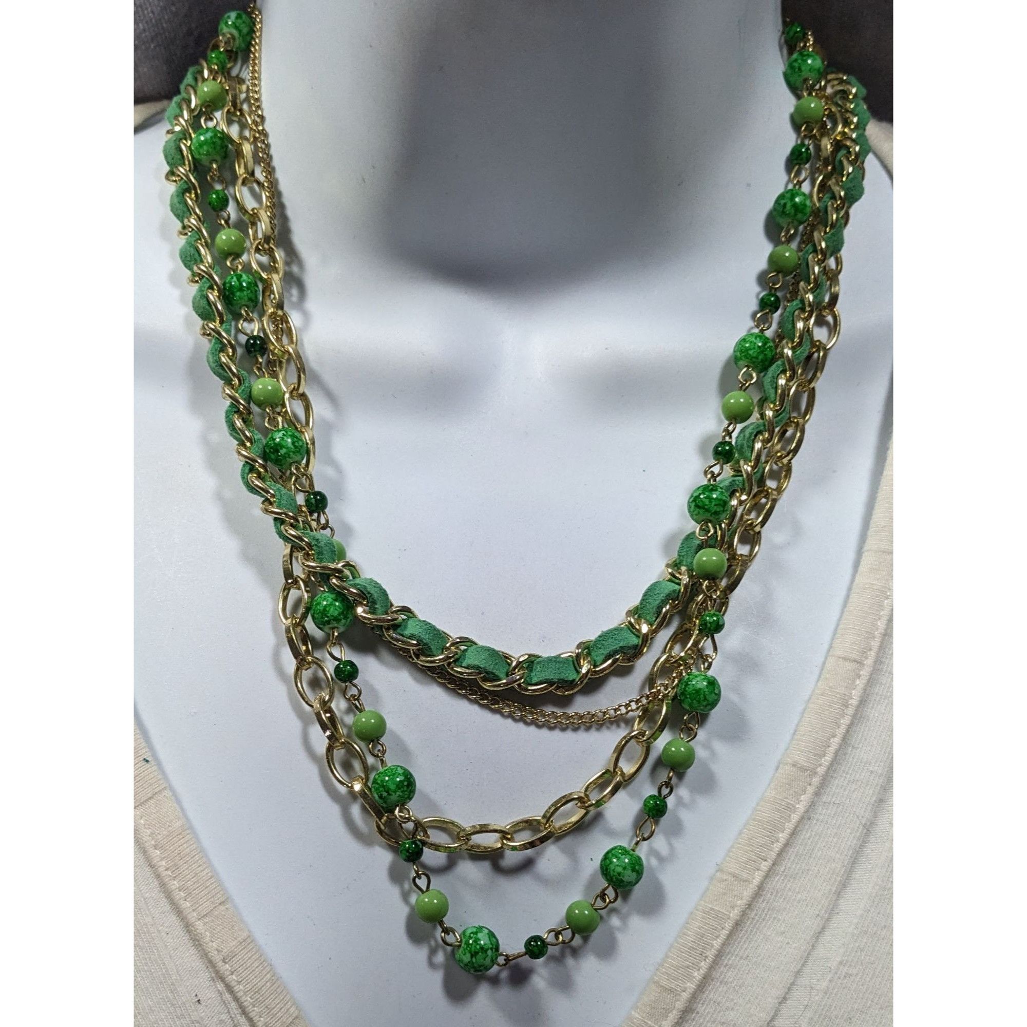 Other Retro Green And Gold Tone Multilayer Chain Bead And Leather Size ONE SIZE - 4 Thumbnail