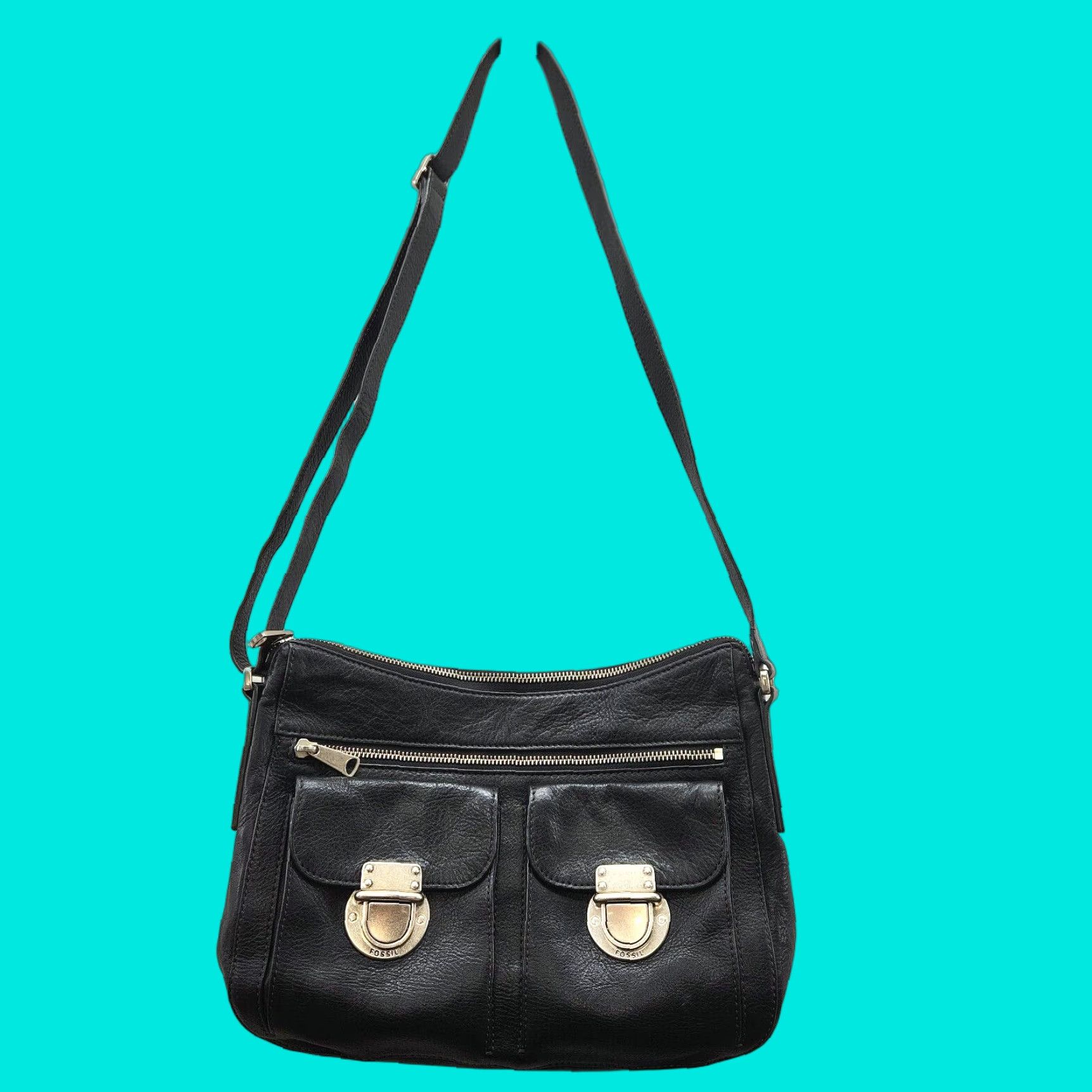 Fossil Fossil Riley Leather Black Crossbody Purse - Genuine Leather, Push Lock, Shoulder Bag, Medium, Women Size ONE SIZE - 1 Thumbnail