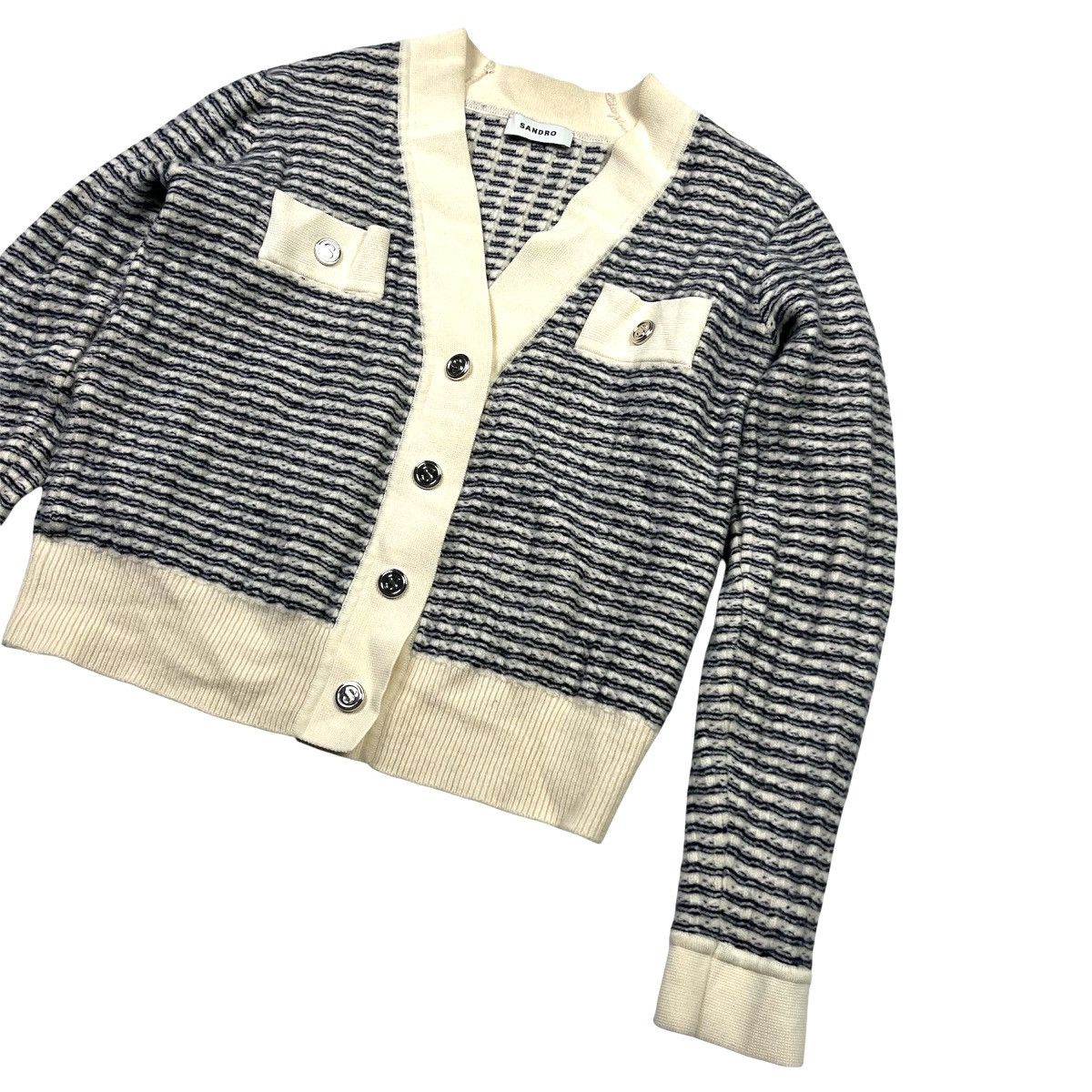 Sandro Sandro Luxury Stripped Cardigan V-Neck Sweater Wool Size S / US 4 / IT 40 - 3 Thumbnail