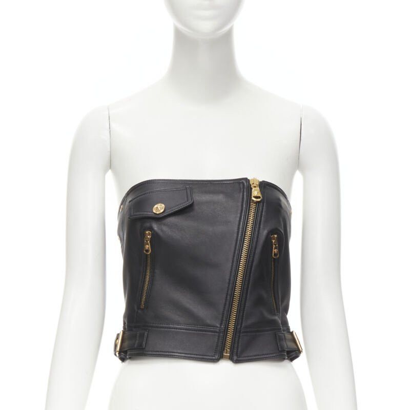 new VERSACE Runway black leather gold-tone Medusa biker bustier top IT38 XS