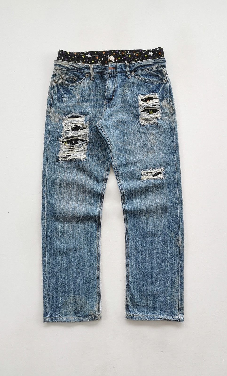 Japanese Brand Double Waist Star Patchwork Denim Jeans Size US 32 / EU 48 - 3 Thumbnail