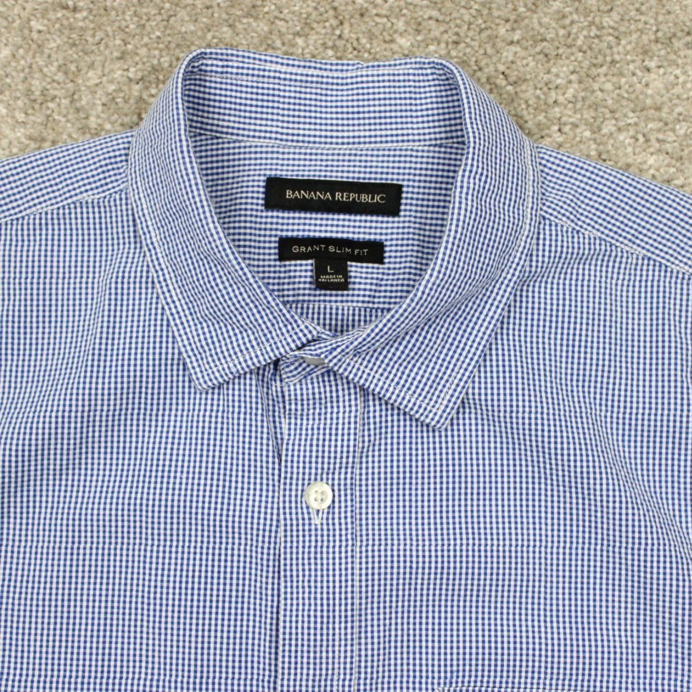 Banana Republic Banana Republic Shirt Men L Blue/White Checkered Textured S/S Slim Fit Button-Up, Casual, Workwear, Boys? No, Mens, Blue Size US L / EU 52-54 / 3 - 5 Thumbnail