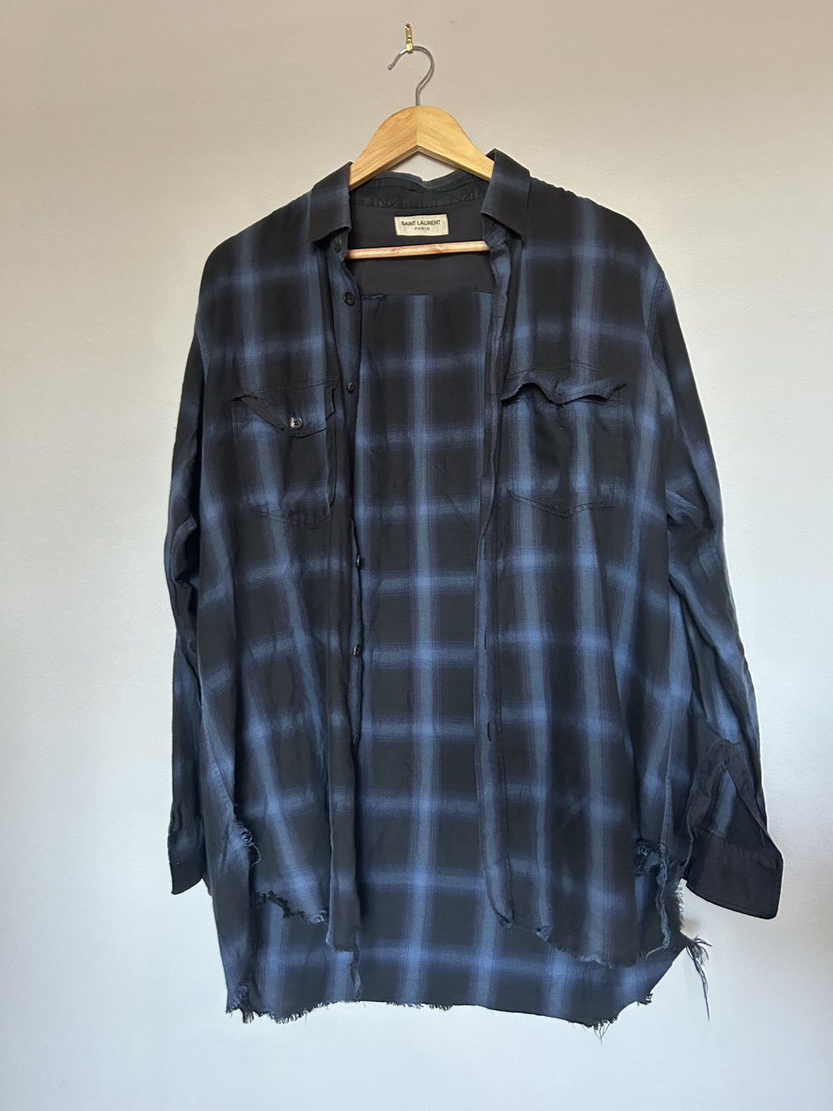 Saint Laurent Paris Saint Laurent Paris Black & Blue Distressed Flannel Size US XS / EU 42 / 0 - 1 Thumbnail